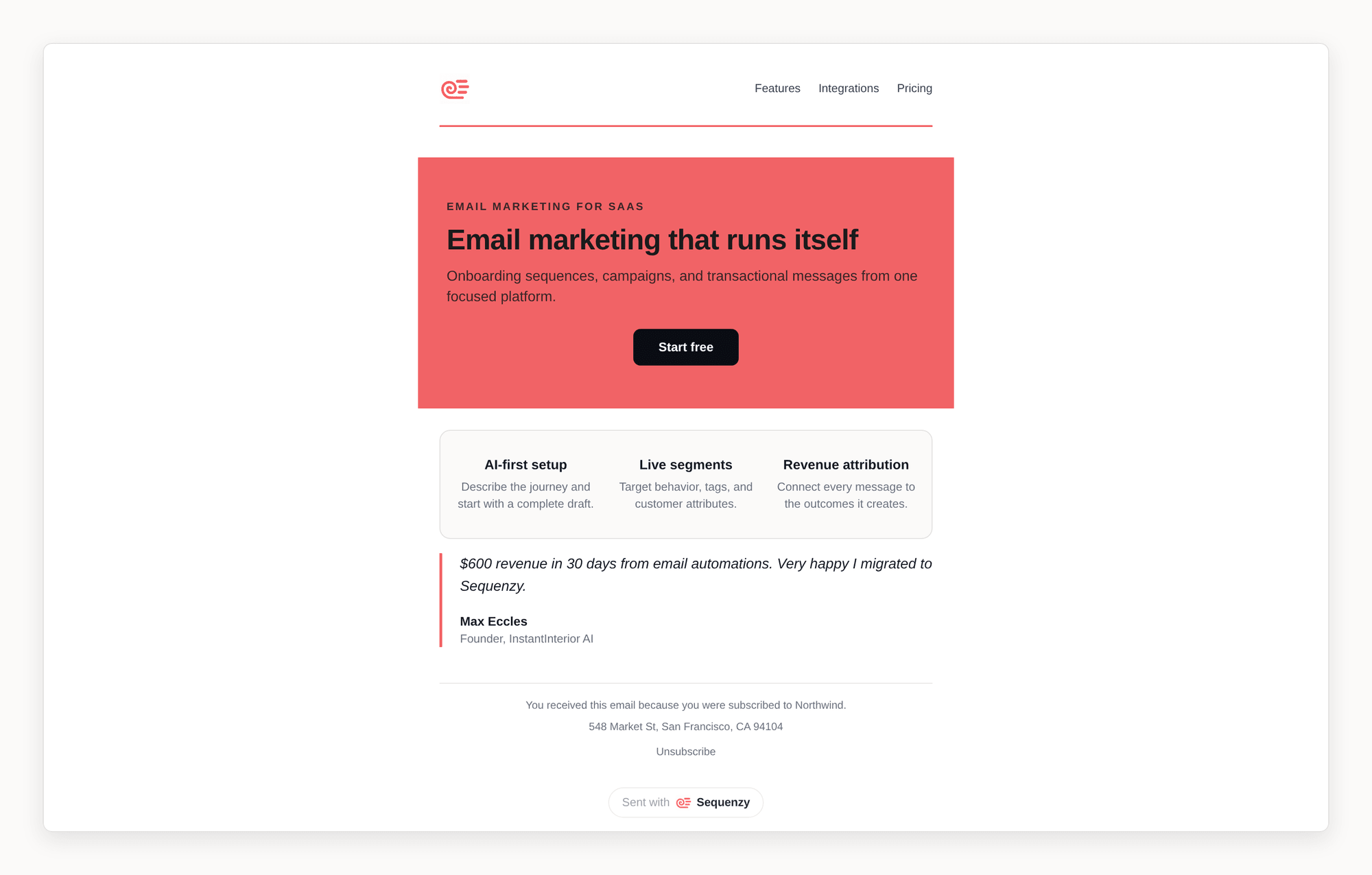 Sequenzy-styled marketing email with a branded header, coral hero, feature row, testimonial, and compliance footer