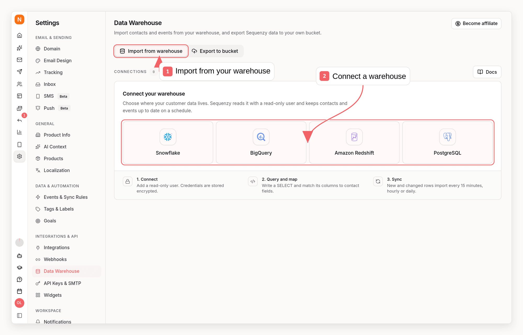Sequenzy Data Warehouse settings with callouts showing Import from warehouse and the warehouse choices