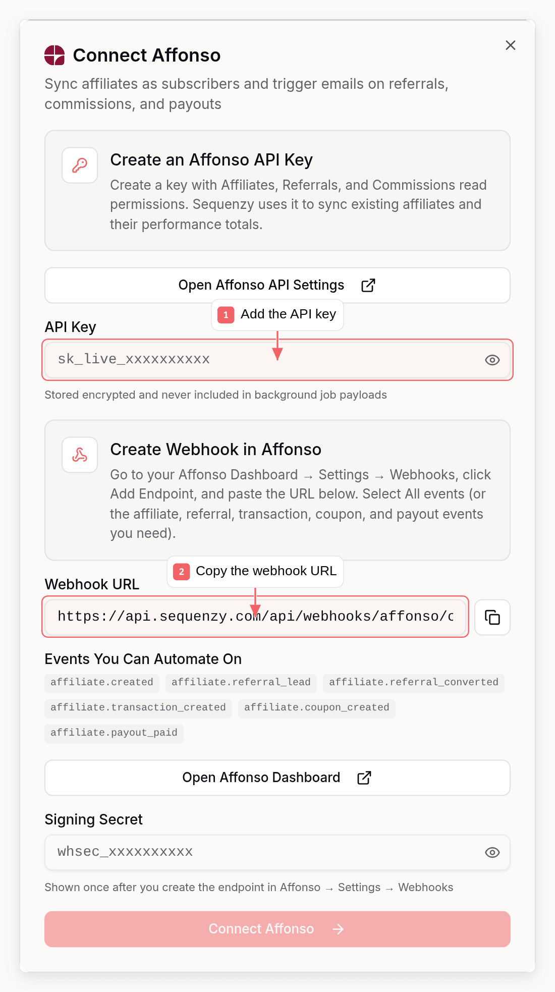 Sequenzy Affonso connection dialog with callouts showing the required setup fields