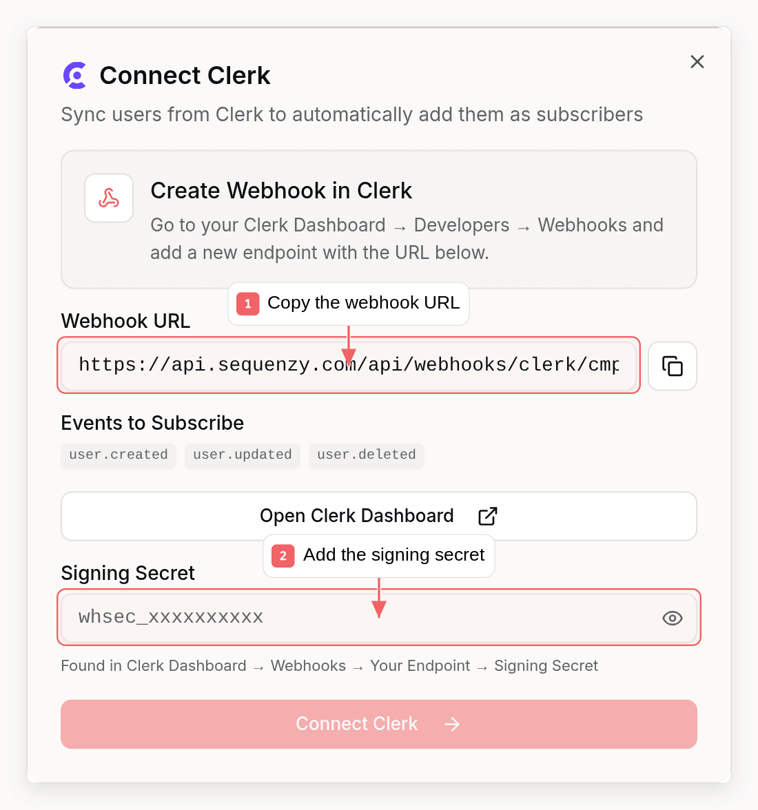 Sequenzy Clerk connection dialog with callouts showing the required setup fields