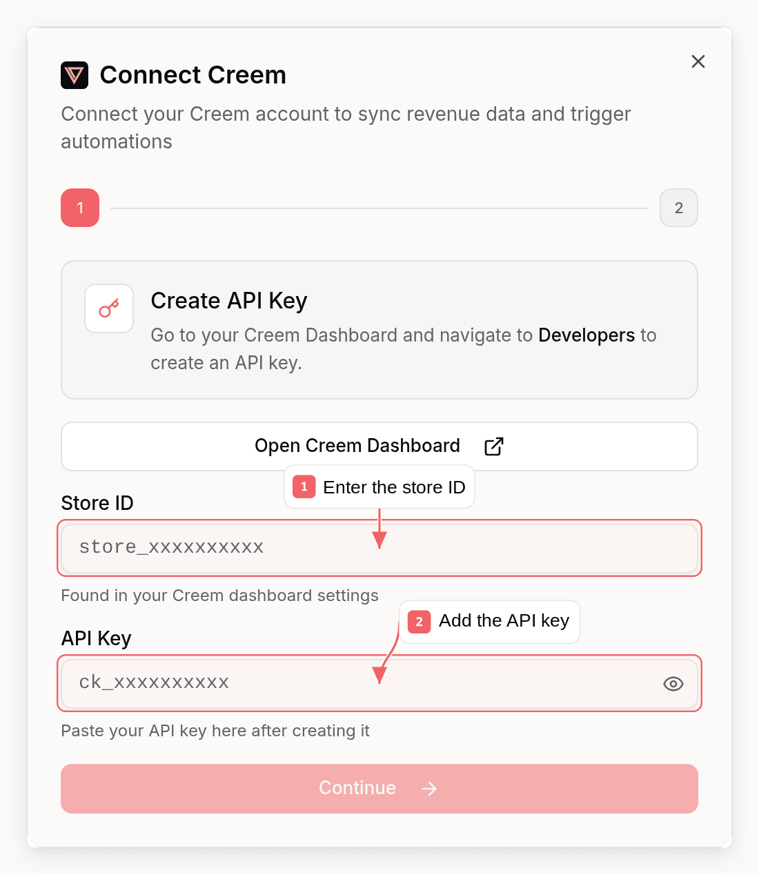 Sequenzy Creem connection dialog with callouts showing the required setup fields