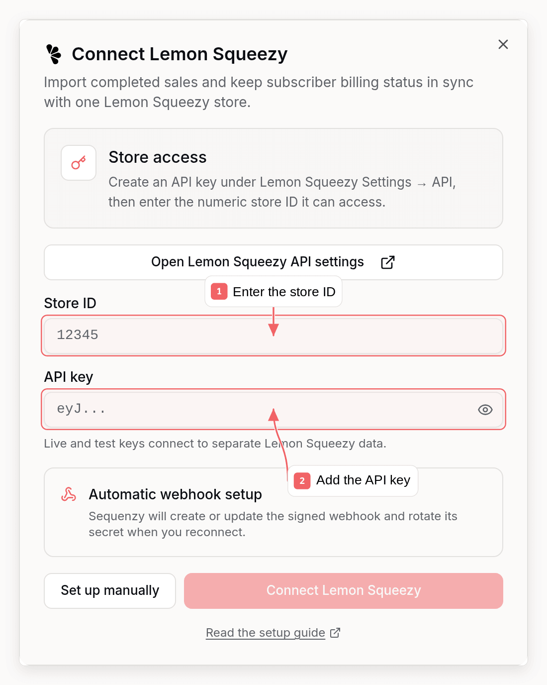 Sequenzy Connect Lemon Squeezy dialog with callouts showing the store ID and API key fields