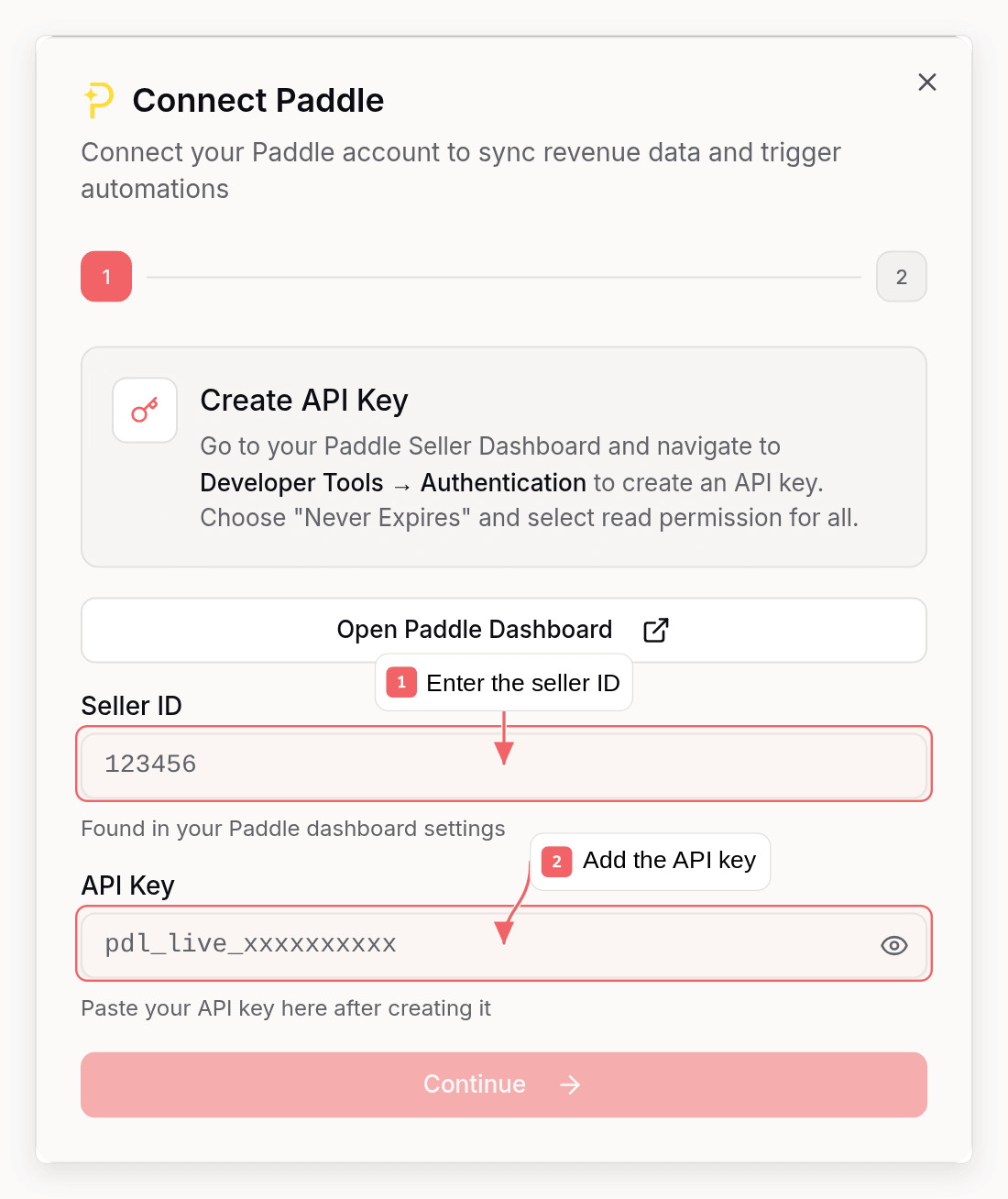 Sequenzy Paddle connection dialog with callouts showing the required setup fields