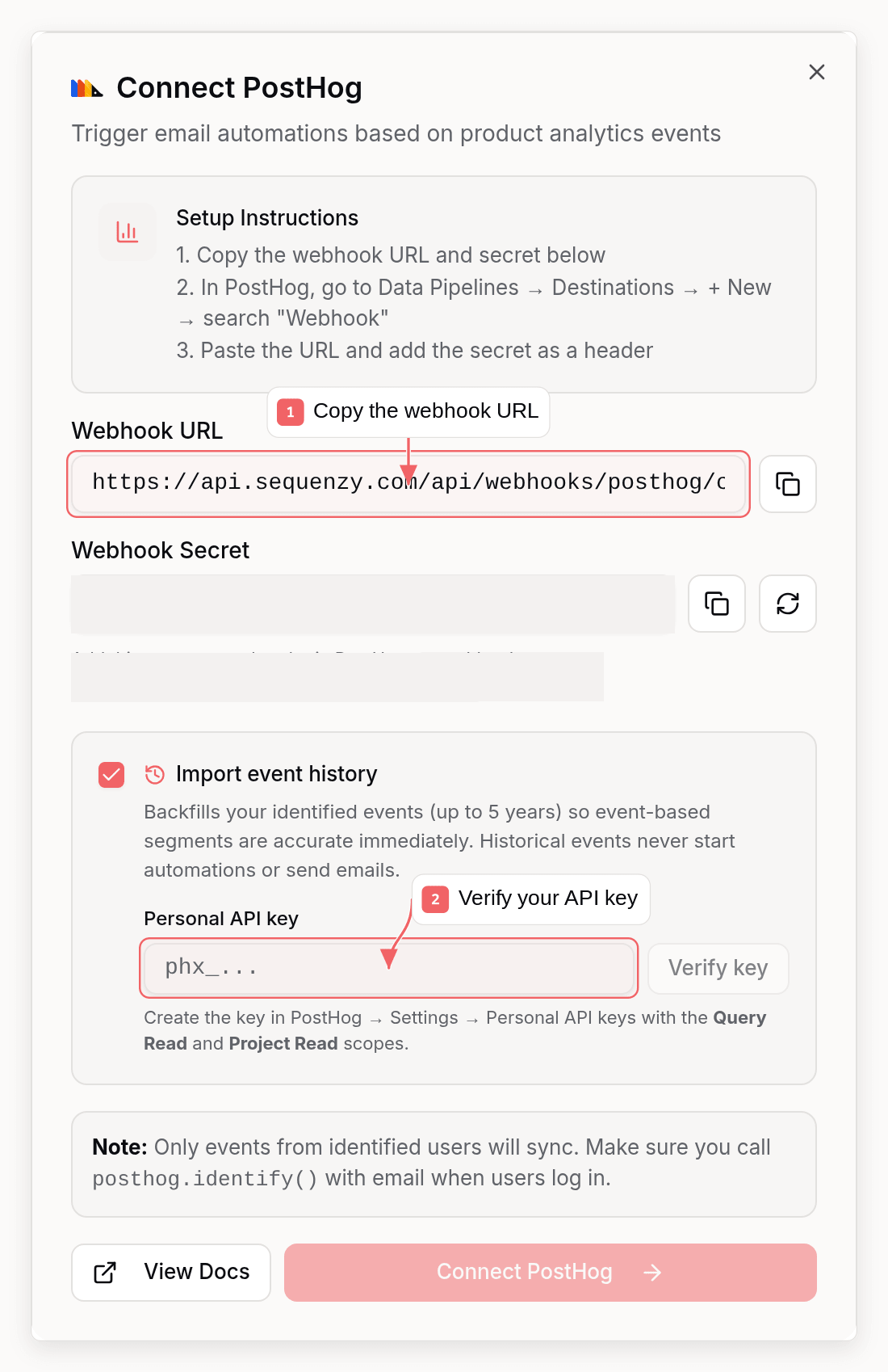 Sequenzy PostHog connection dialog with callouts showing the required setup fields