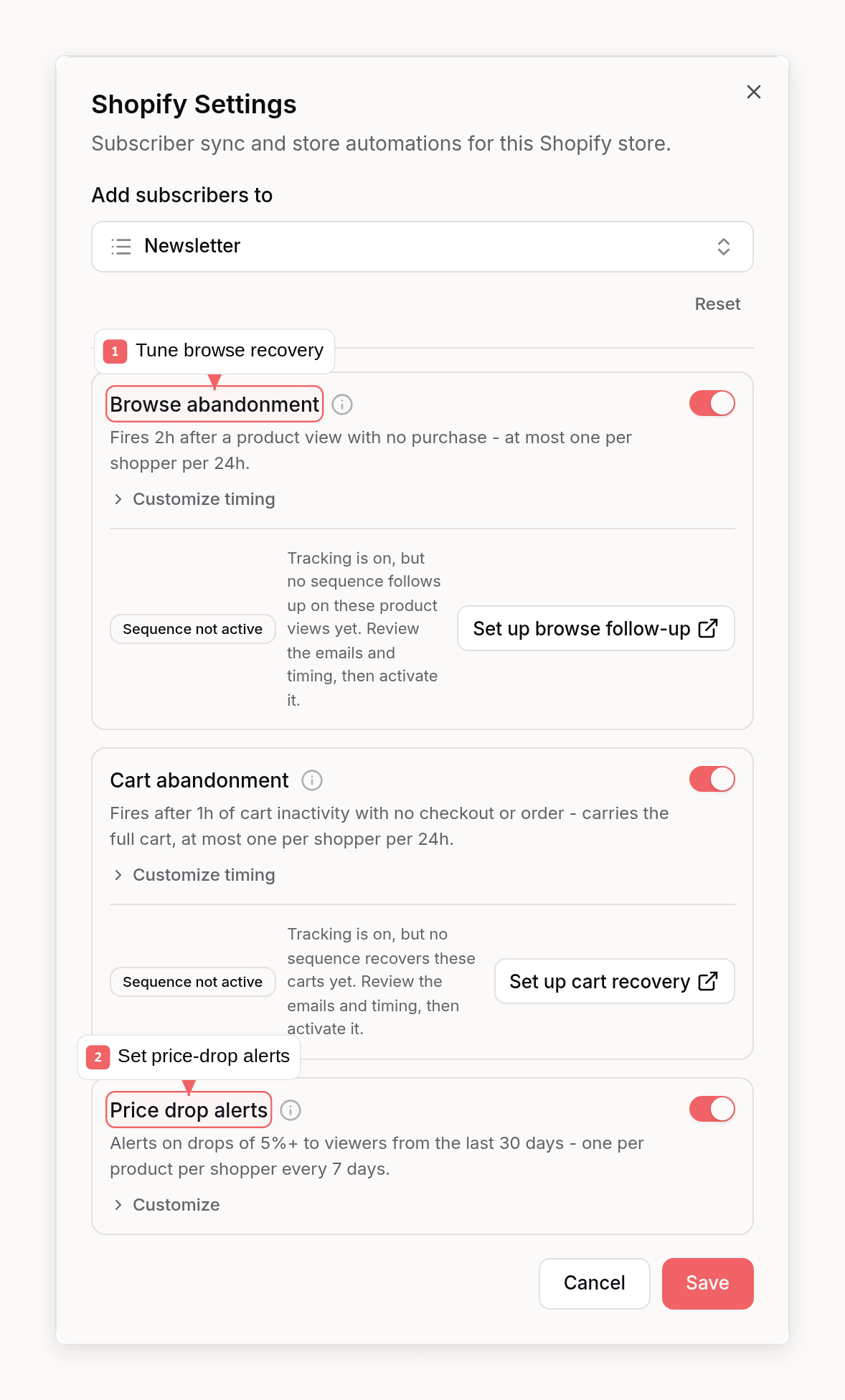 Shopify automation settings showing browse-abandonment and price-drop timing controls