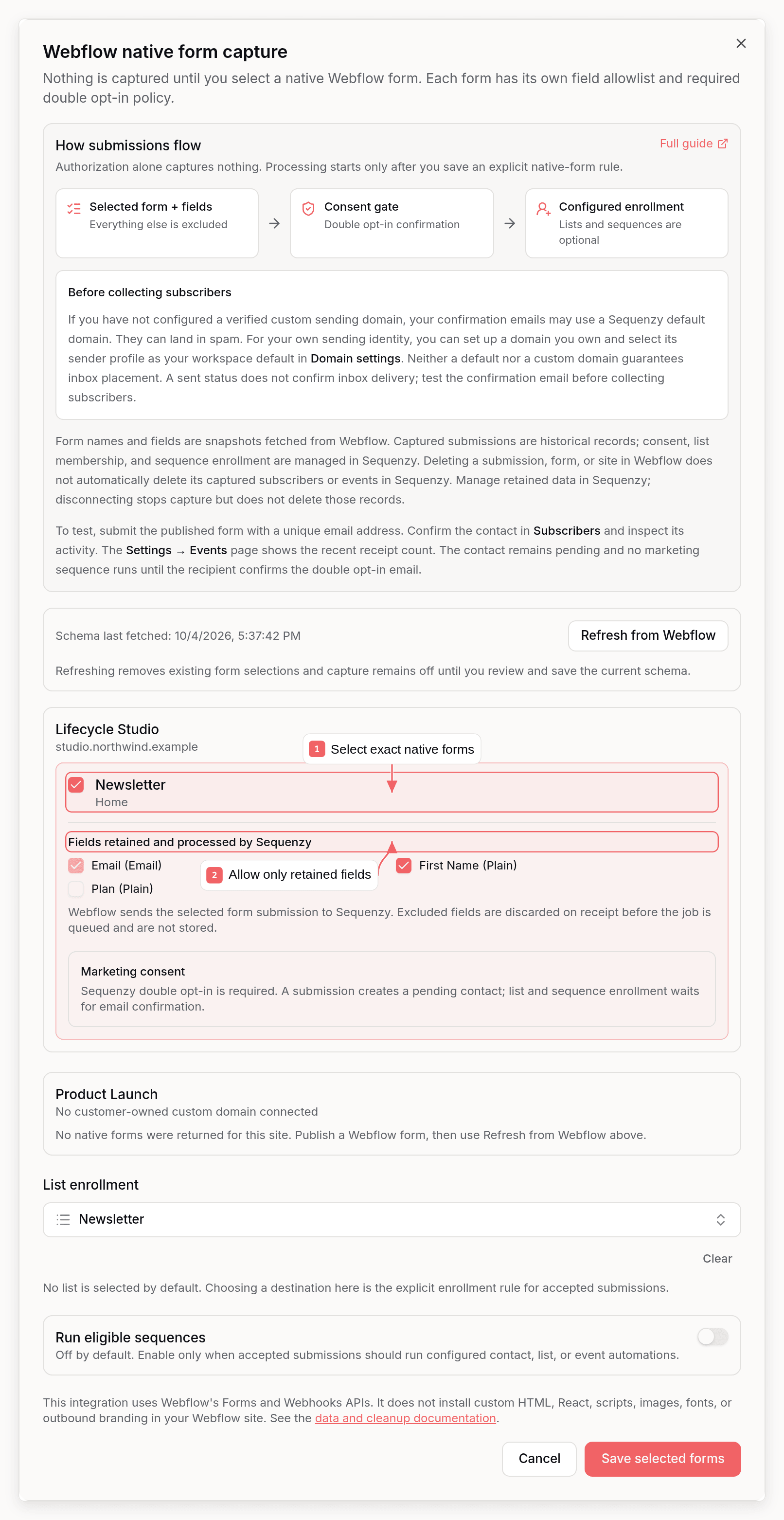 Webflow native form capture dialog showing explicit form selection, retained fields, double opt-in, and enrollment controls