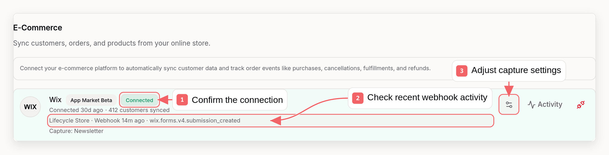 Connected Wix integration showing site identity, status, settings, refresh, and disconnect controls