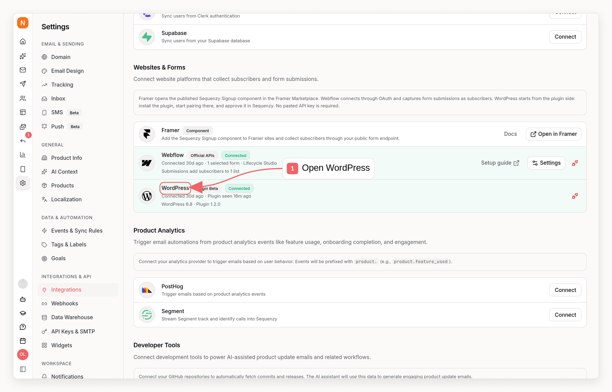 Sequenzy integrations page with WordPress highlighted under Websites and Forms