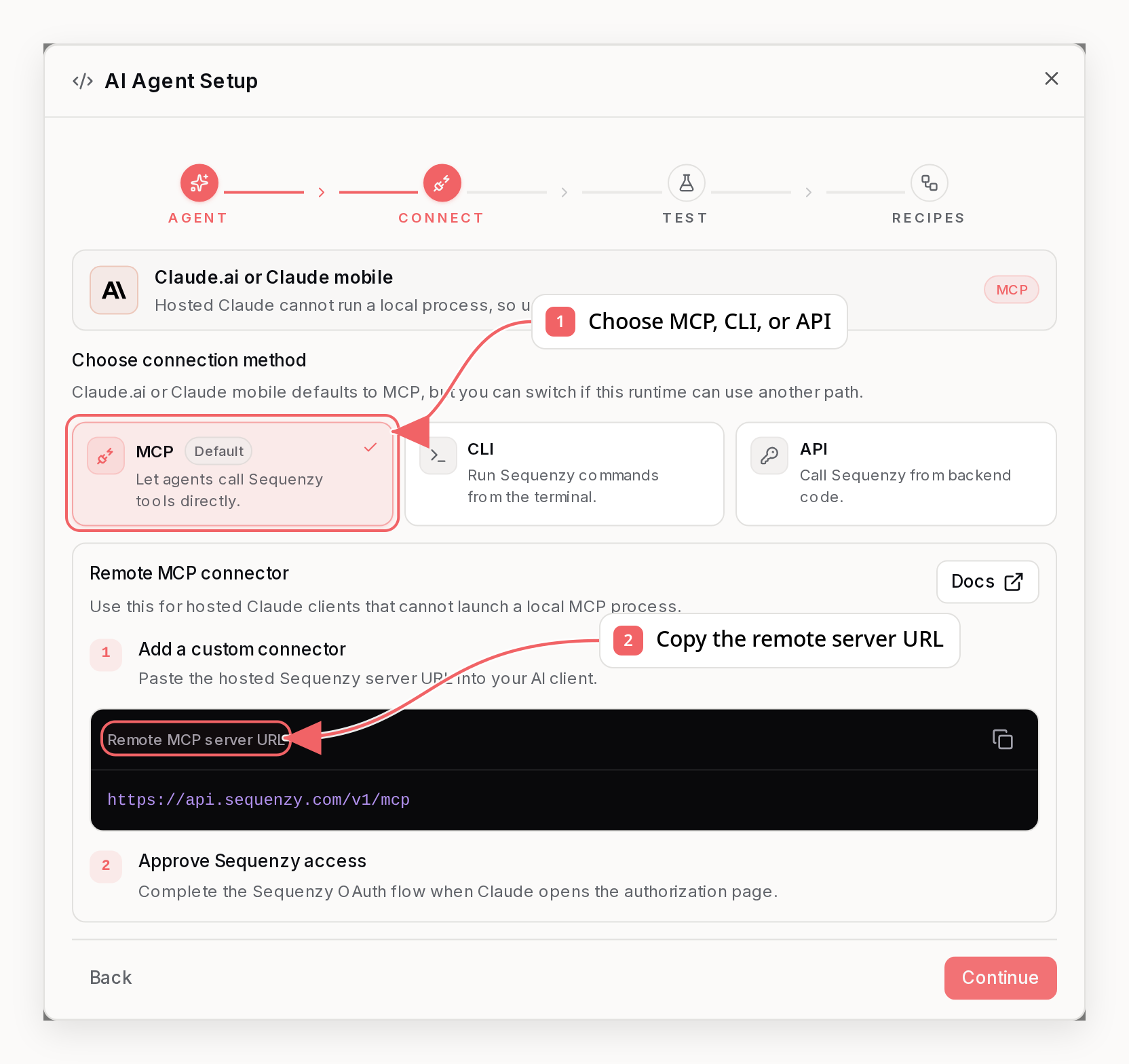 Sequenzy AI agent connection flow with callouts showing connector and authorization steps