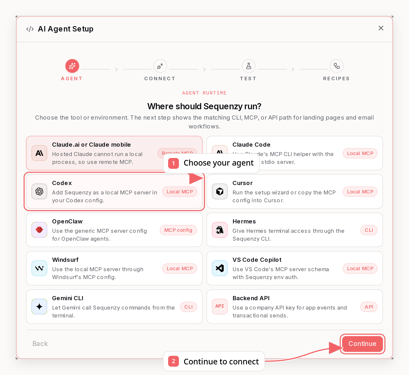 Sequenzy AI Agent Setup showing CLI-capable and local agent connection options
