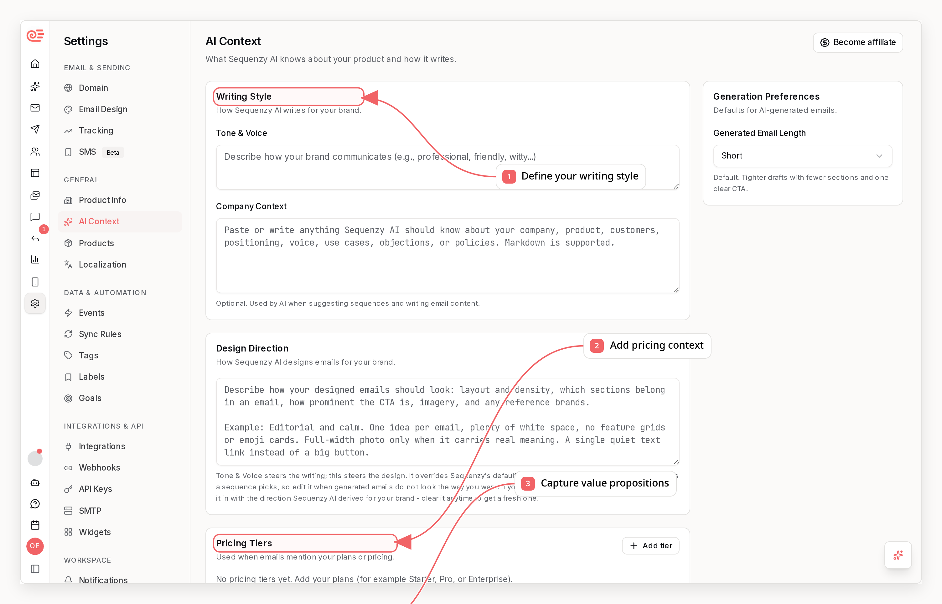 Sequenzy AI context settings with callouts showing brand voice and product context