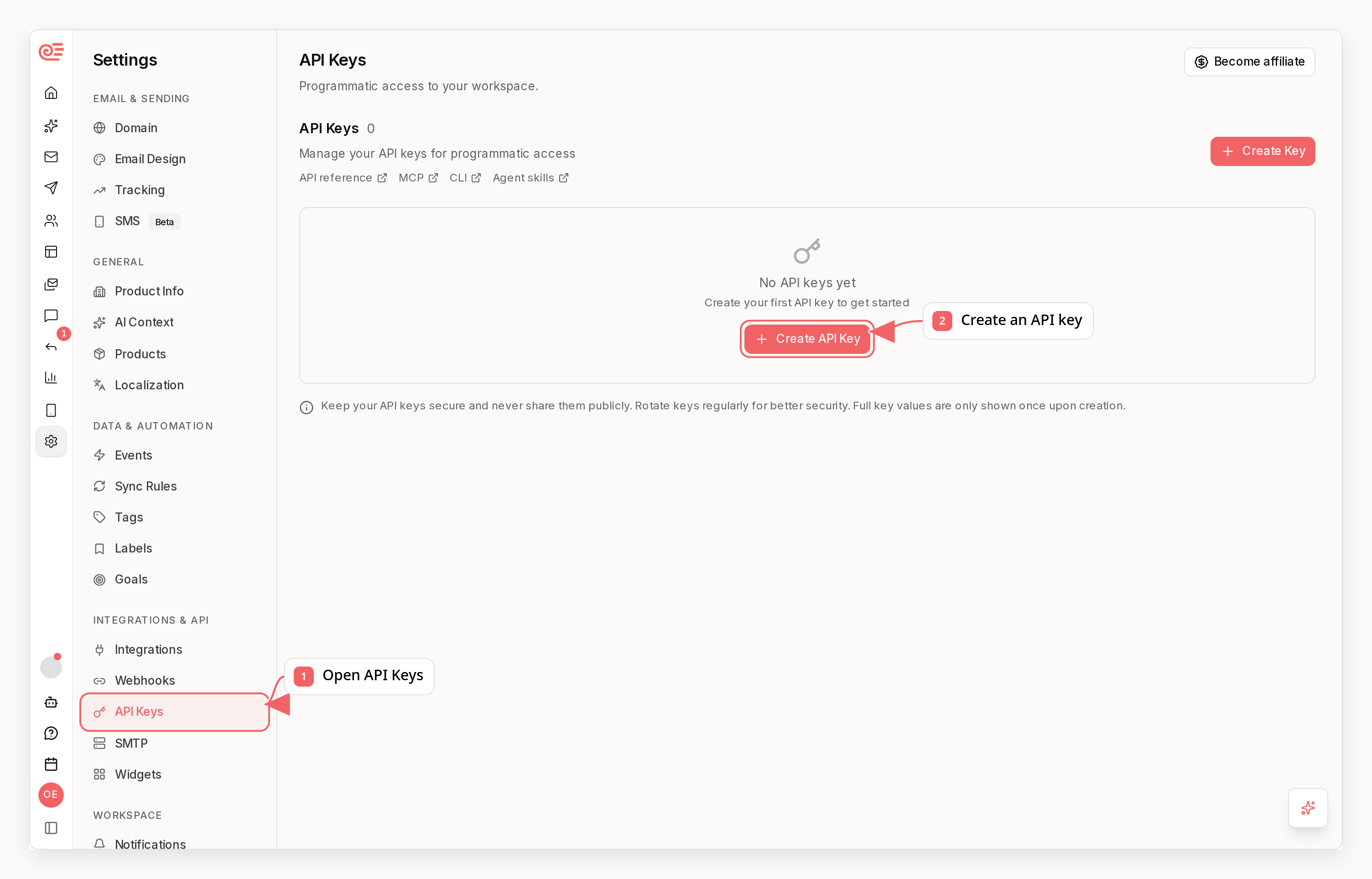 Sequenzy API Keys settings with callouts showing how to create an API key