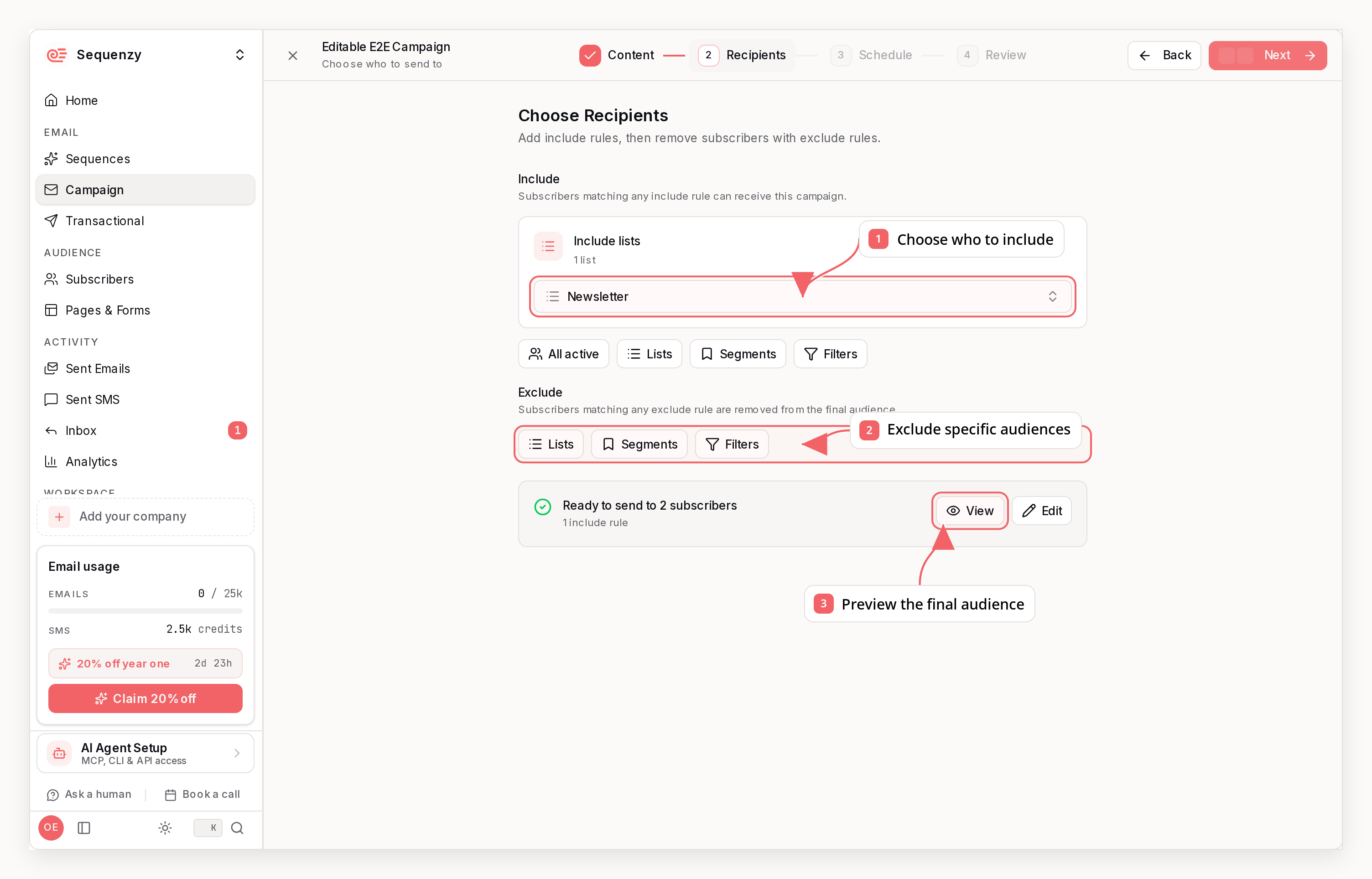 Sequenzy campaign recipient step with callouts showing include rules, exclusions, and audience preview