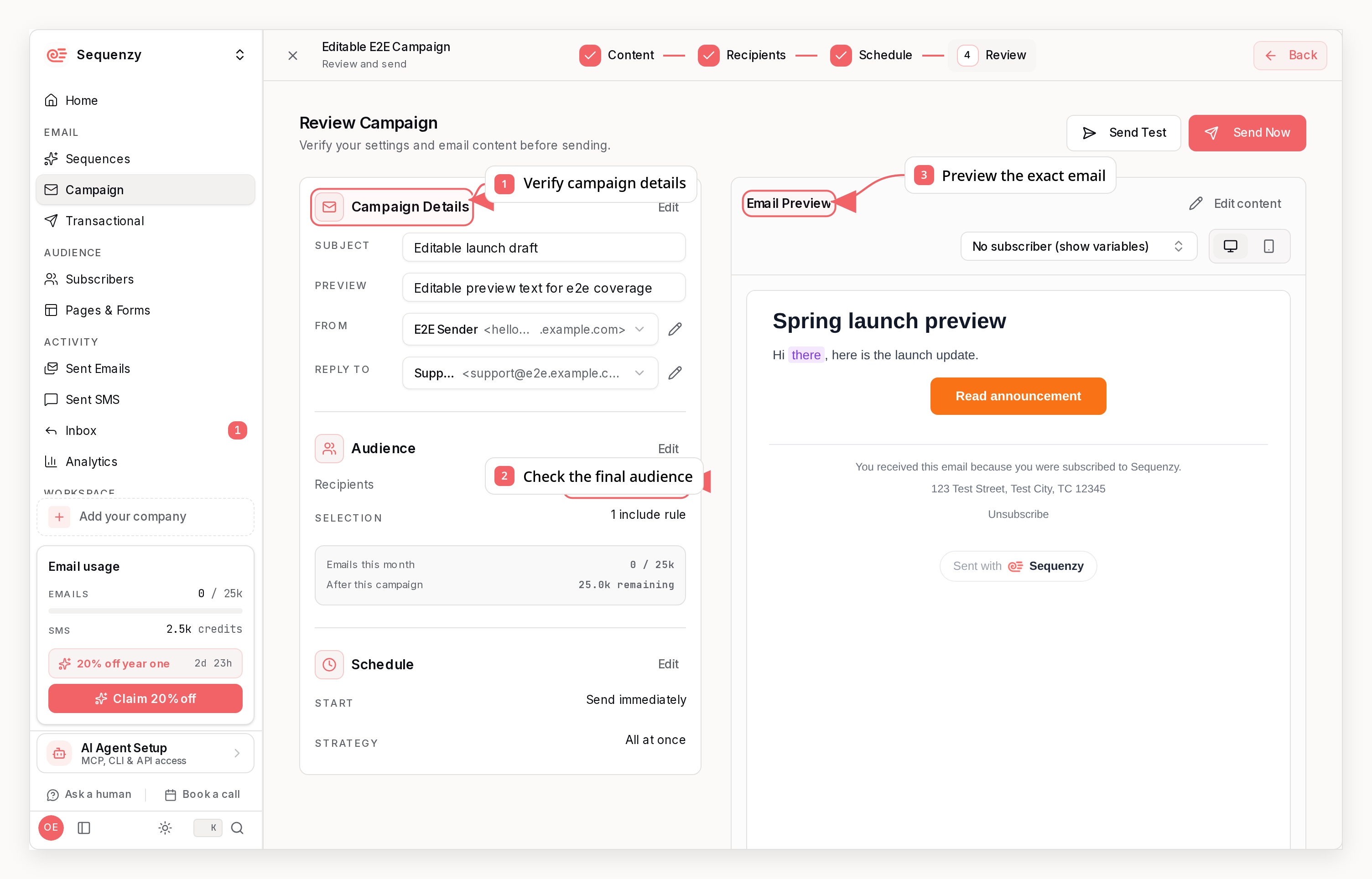 Sequenzy campaign review step with callouts showing campaign details, final audience, and email preview