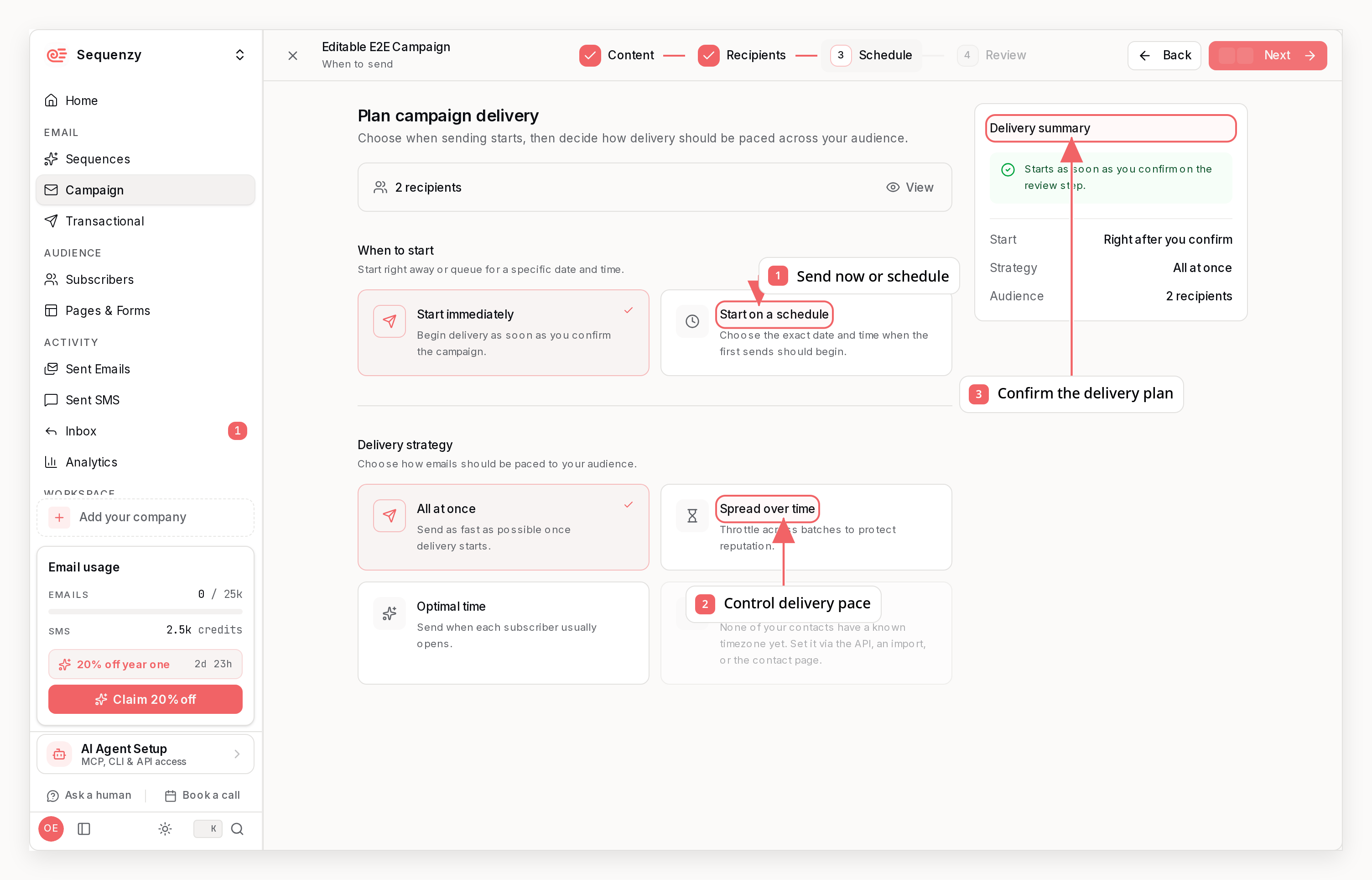 Sequenzy campaign schedule step with callouts showing start time, delivery pace, and delivery summary