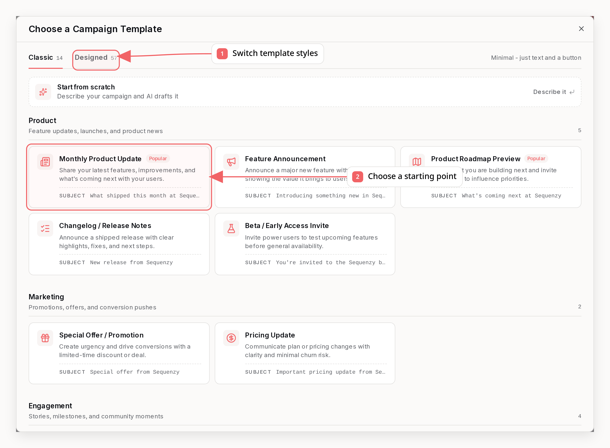 Sequenzy campaign template picker with callouts showing template styles and a starting point