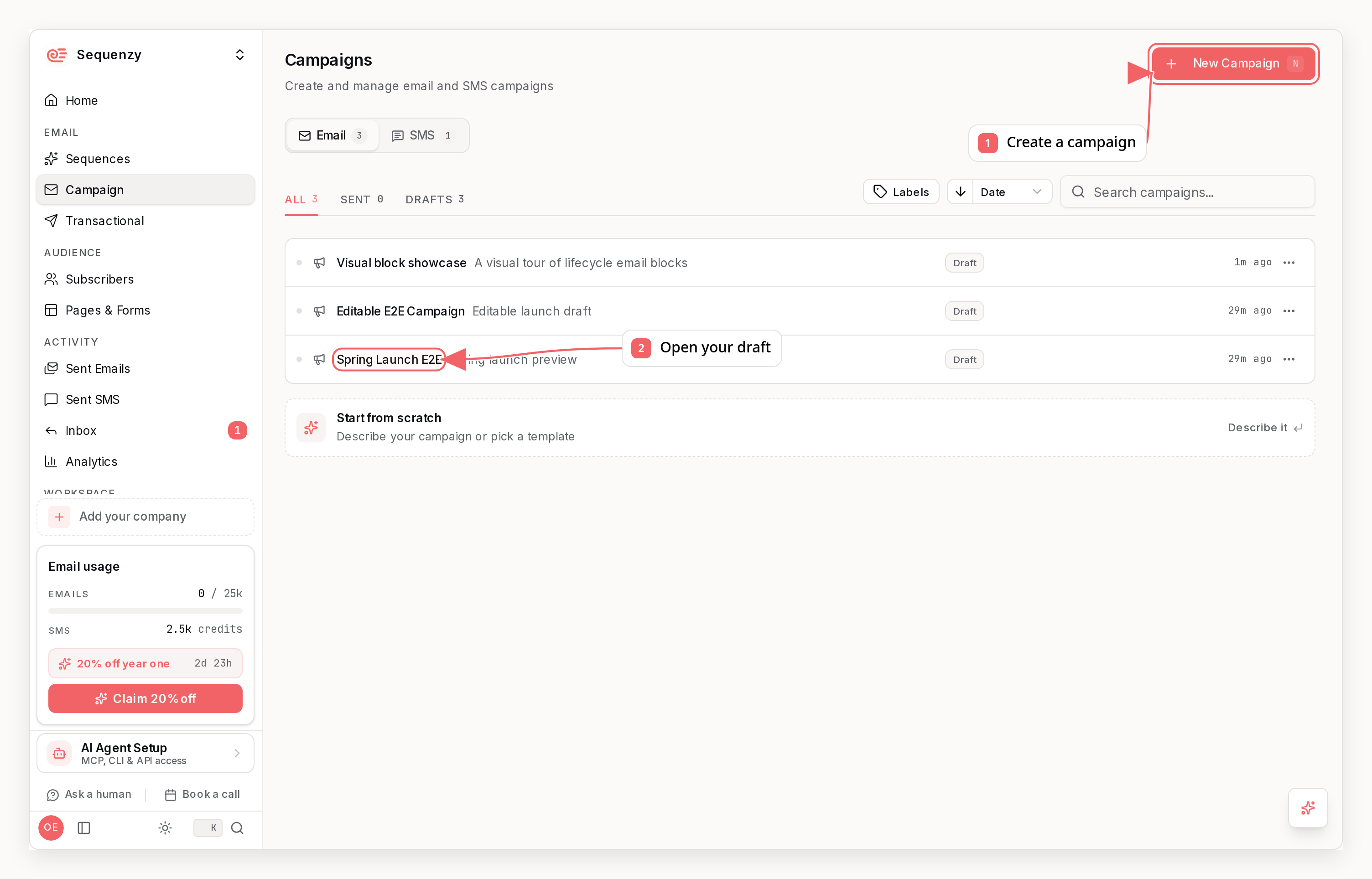 Sequenzy campaigns dashboard with callouts showing how to create and open a campaign