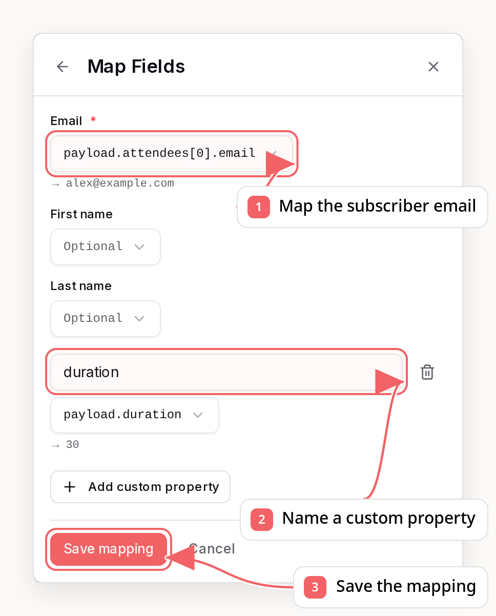 Custom webhook mapping with captured JSON, field dropdowns, and a custom duration property