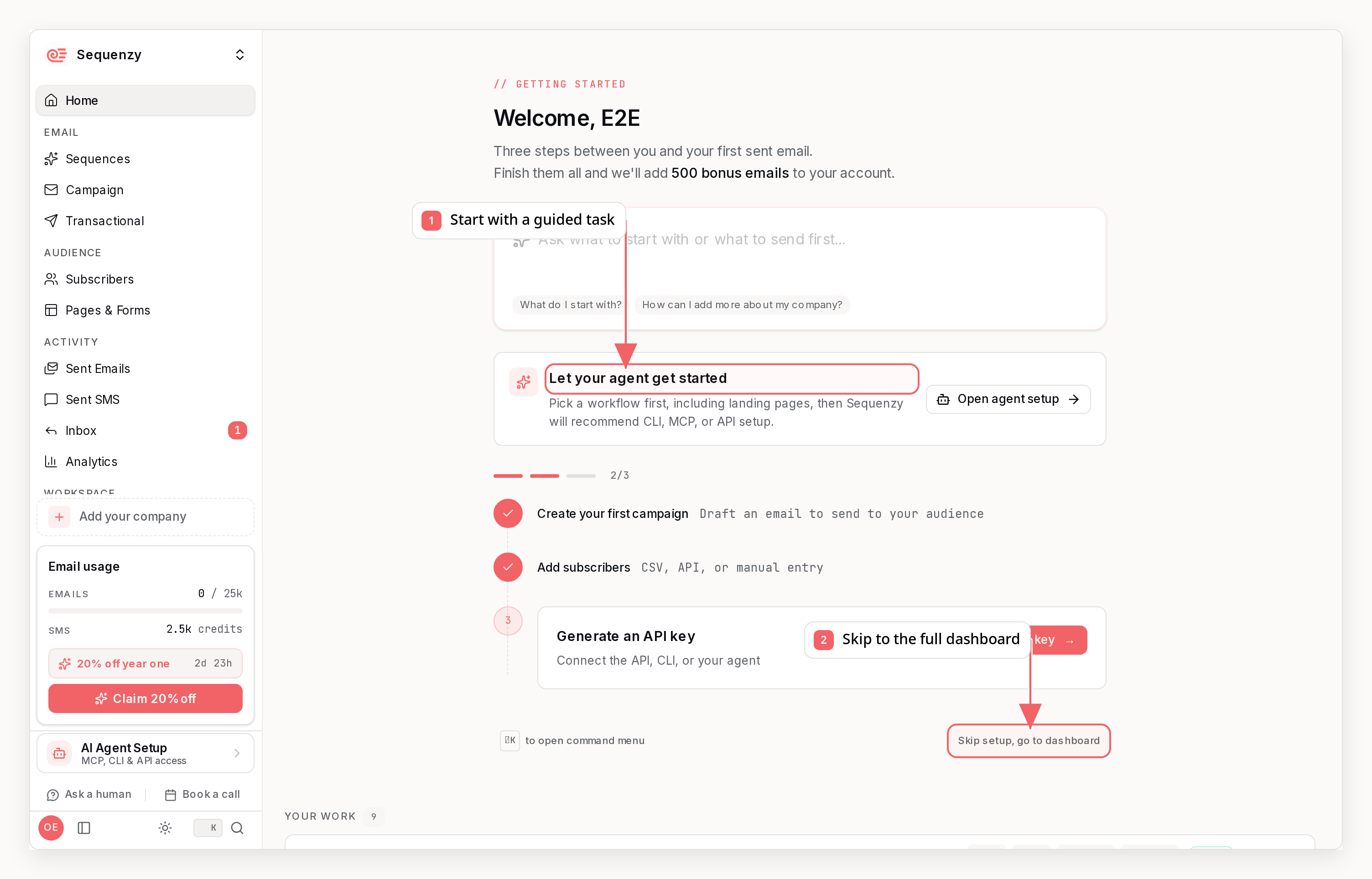 Sequenzy dashboard with callouts showing guided setup and the full-dashboard shortcut