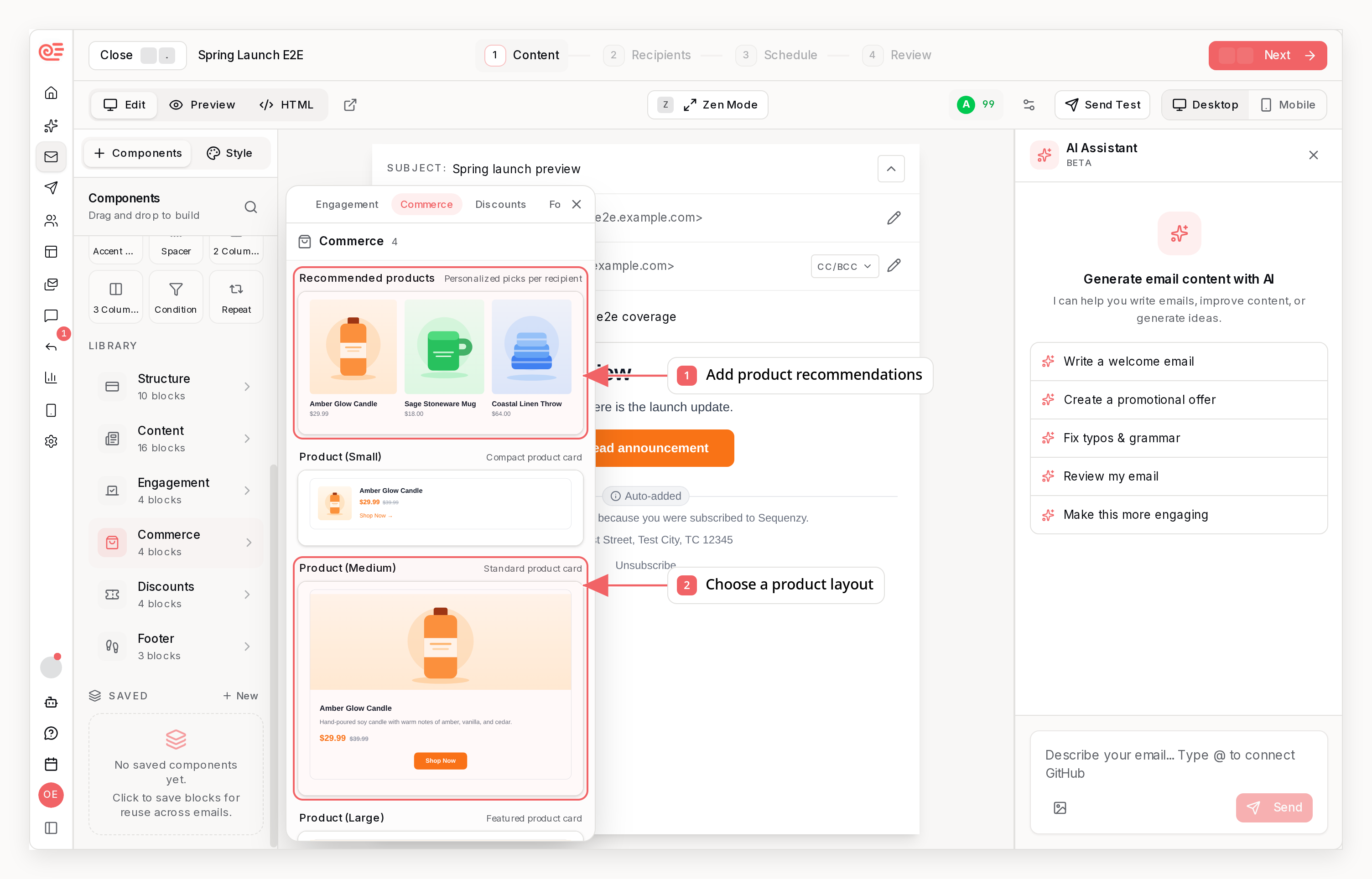 Sequenzy email editor commerce library with callouts showing recommendations and product layouts