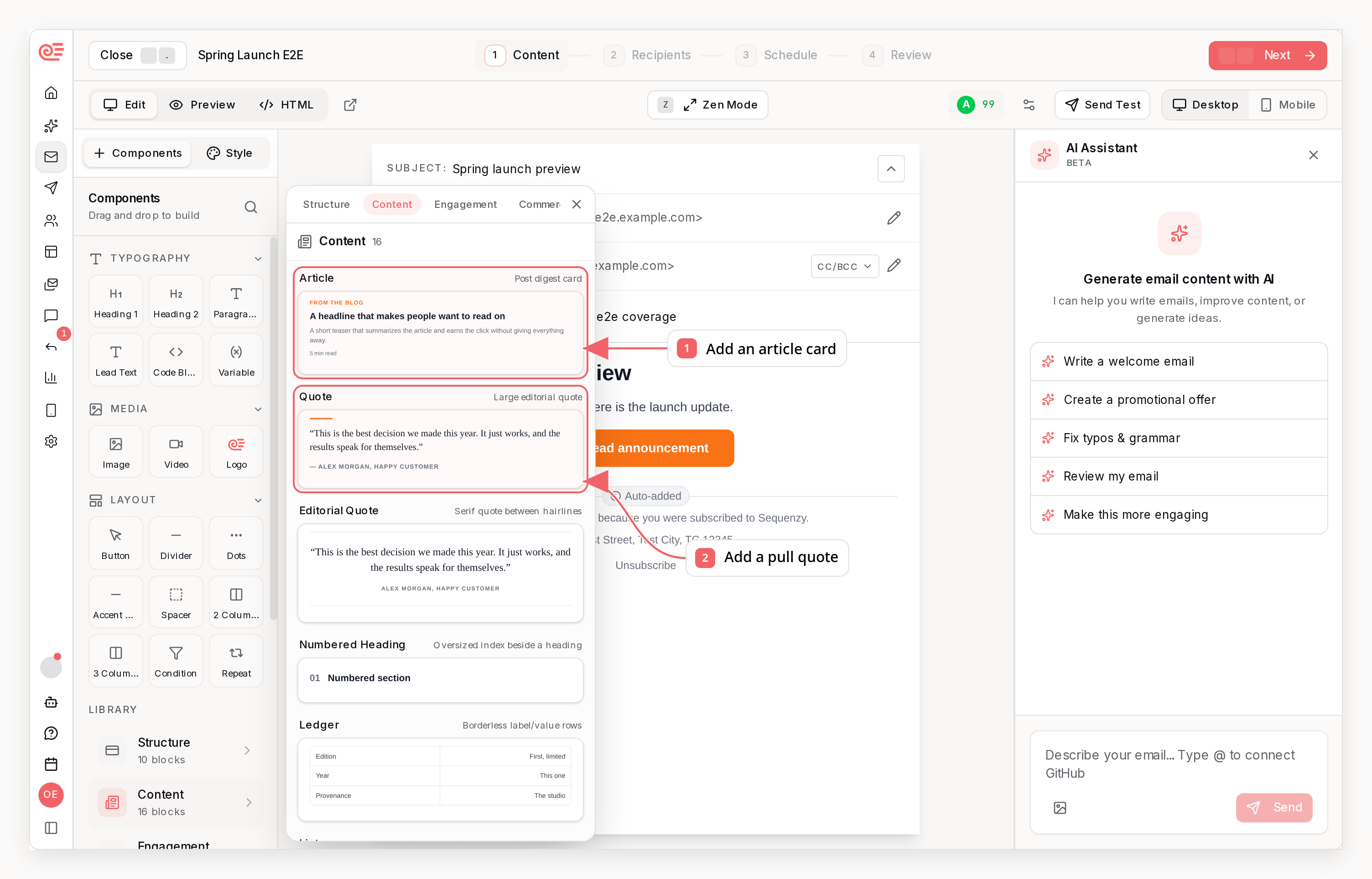 Sequenzy email component library with callouts showing article and quote blocks