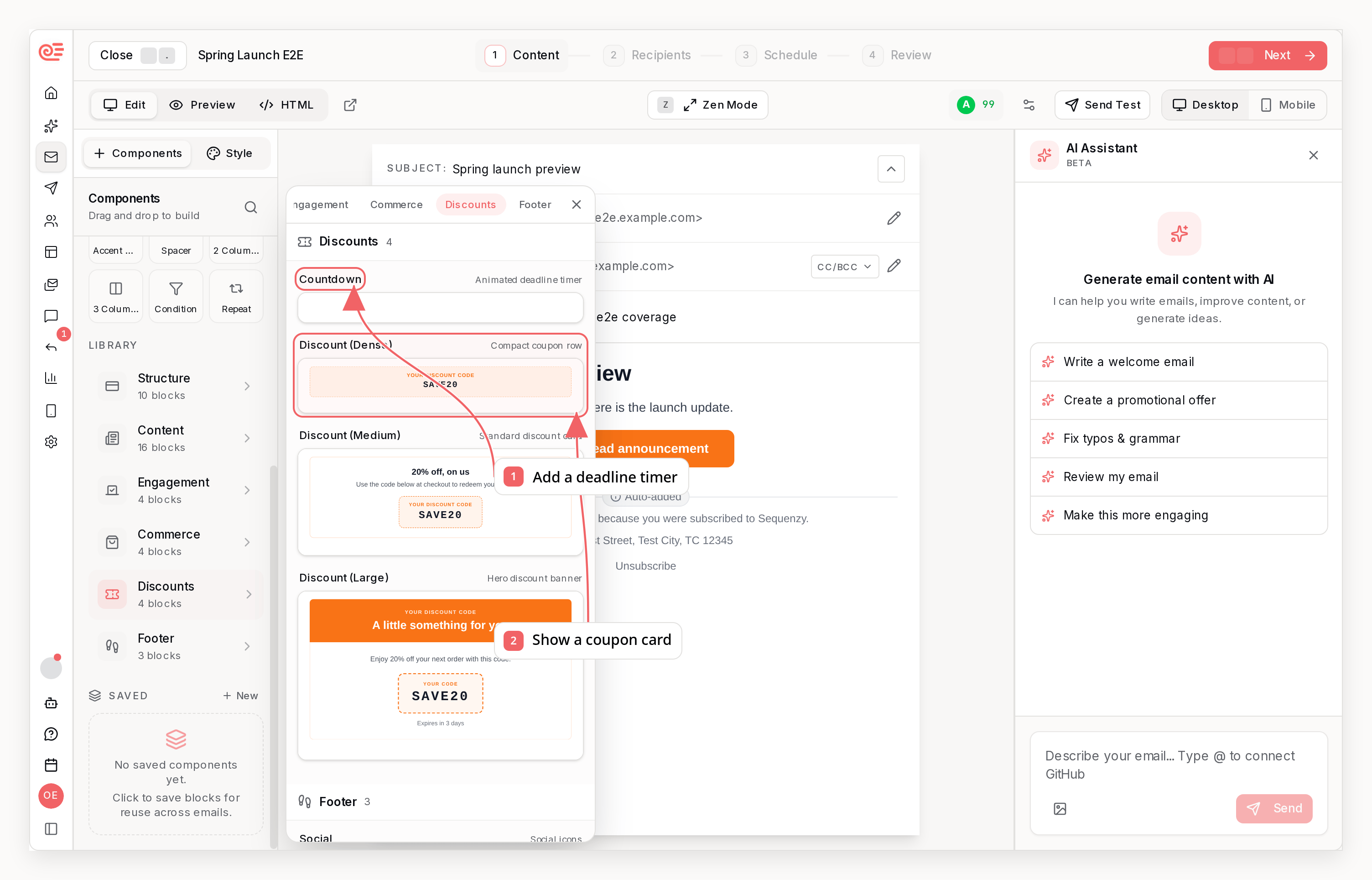 Sequenzy email component library with callouts showing countdown and discount blocks