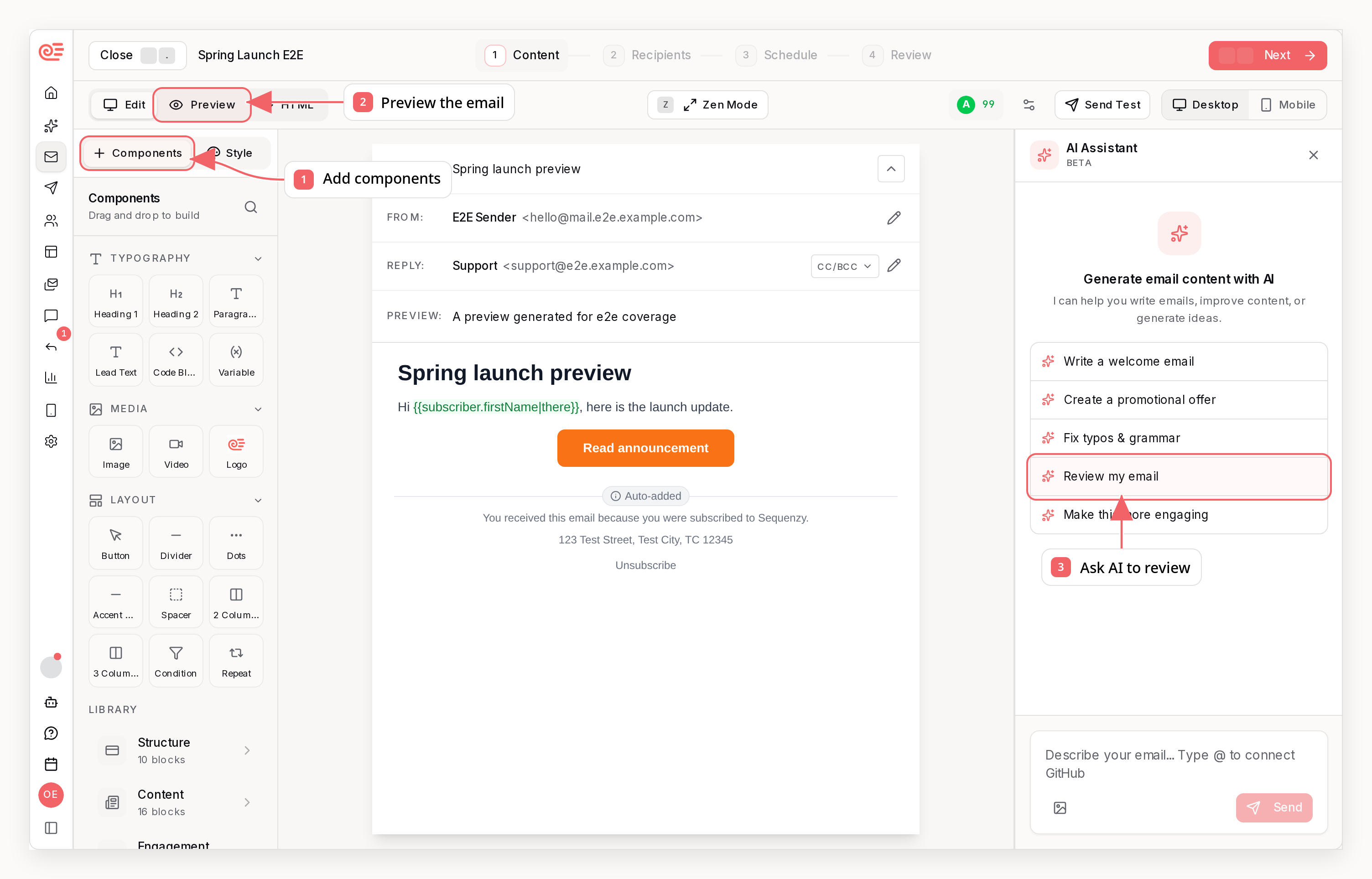 Sequenzy email editor with callouts showing components, preview, and AI review controls