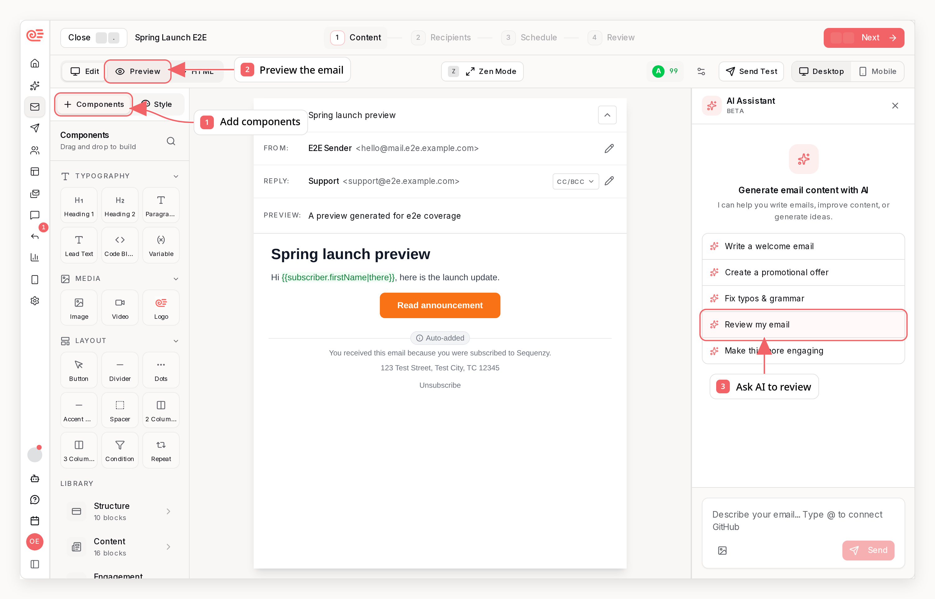 Sequenzy email editor with callouts showing components, preview, and AI review controls