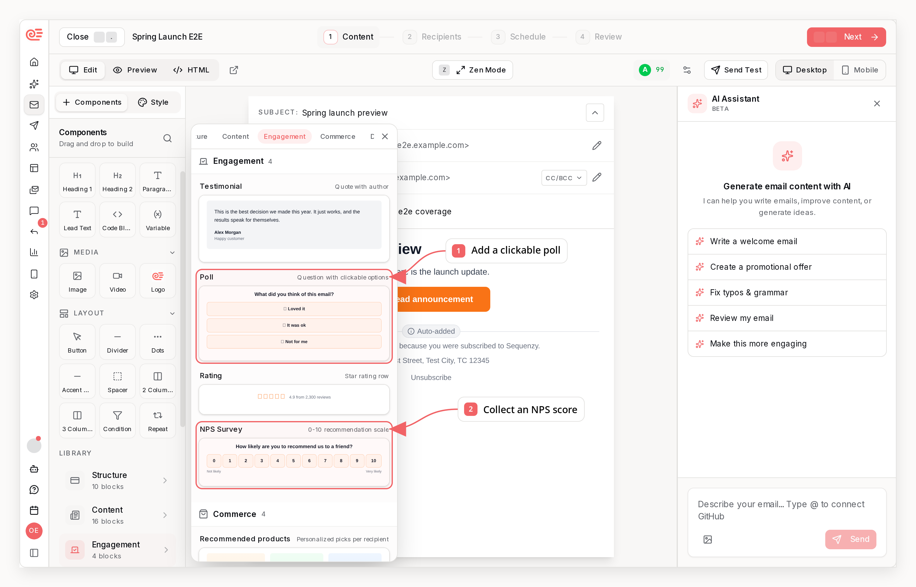 Sequenzy email component library with callouts showing poll and NPS blocks