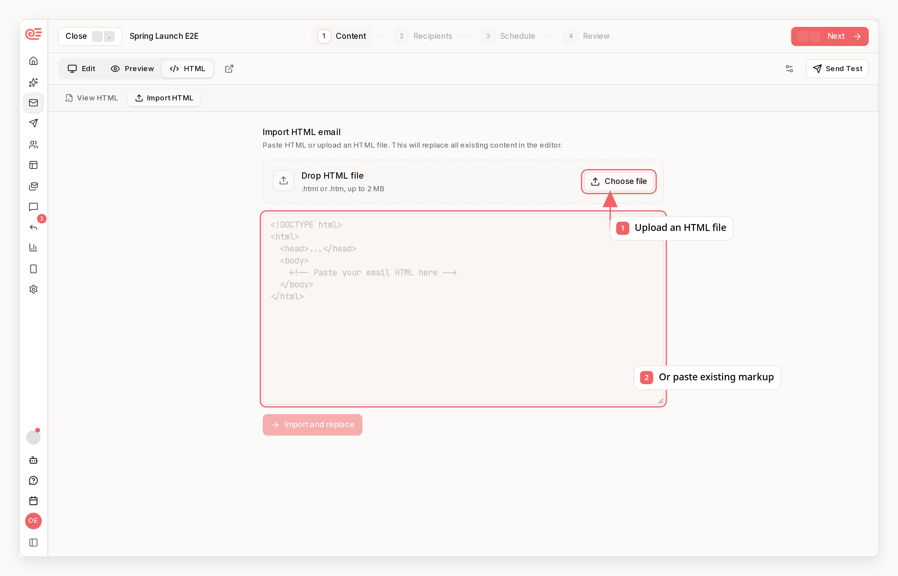 Sequenzy HTML import view with callouts showing file upload and pasted markup