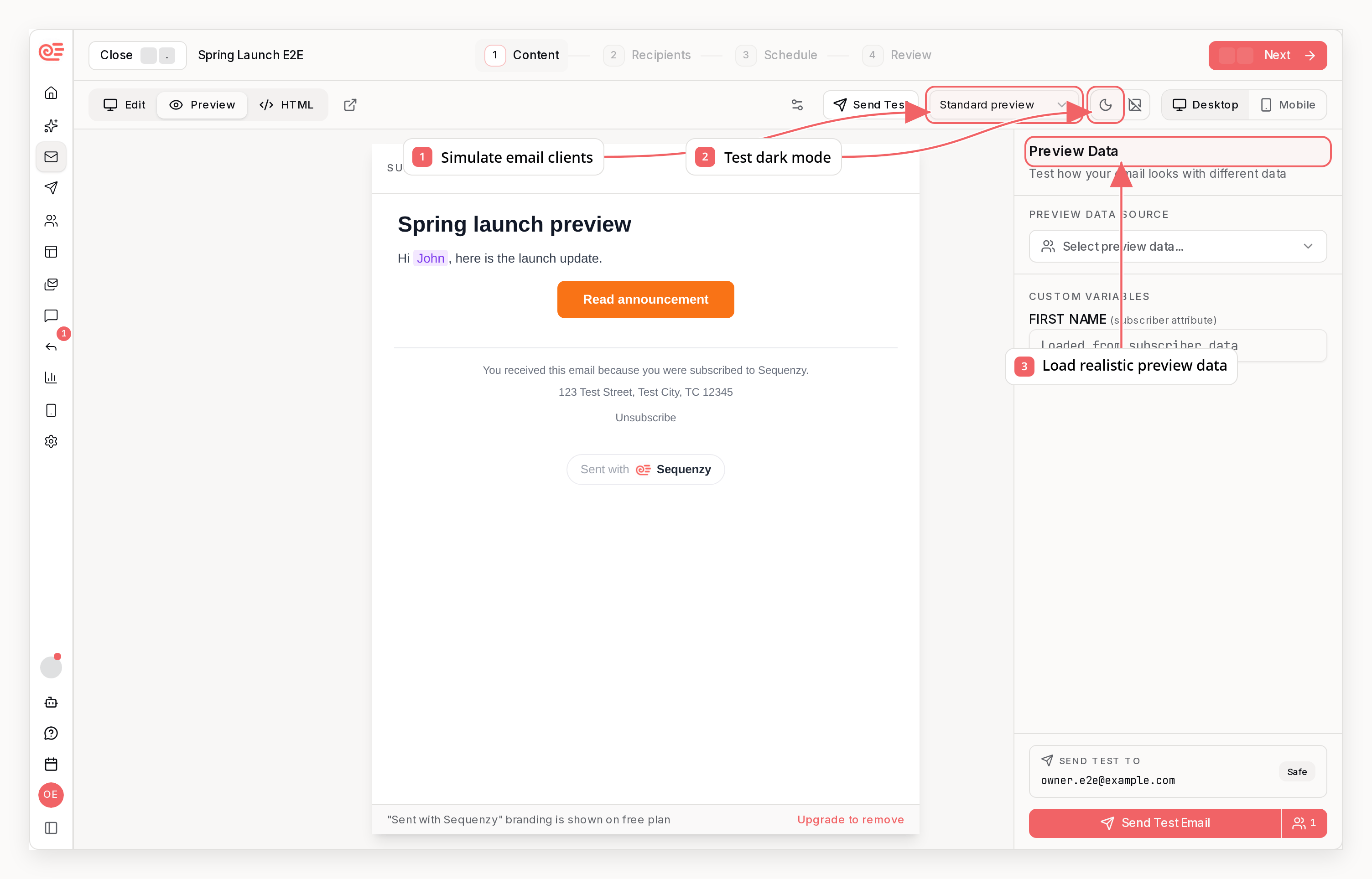 Sequenzy email preview with callouts showing client, dark mode, and preview data controls