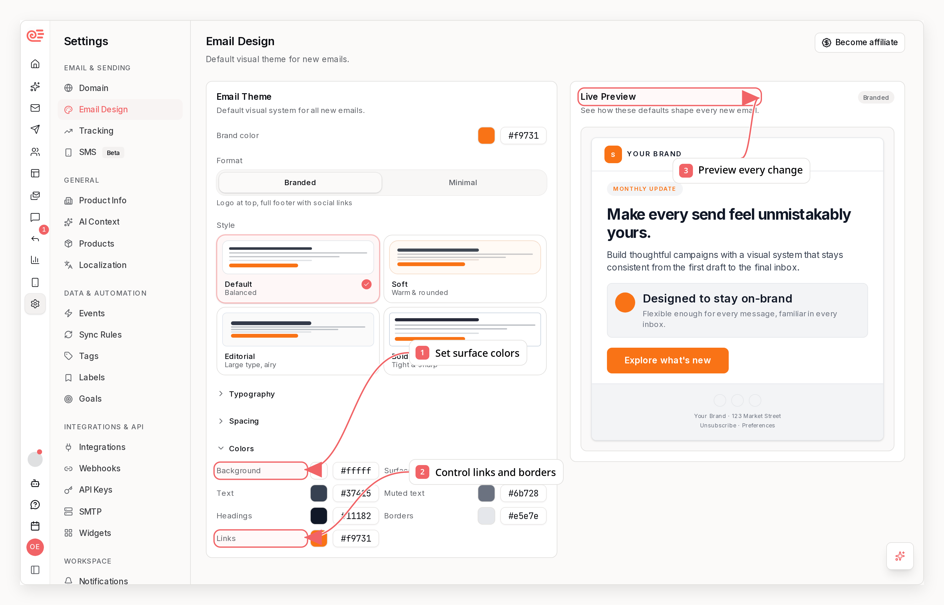 Sequenzy email theme settings with callouts showing surfaces and border colors