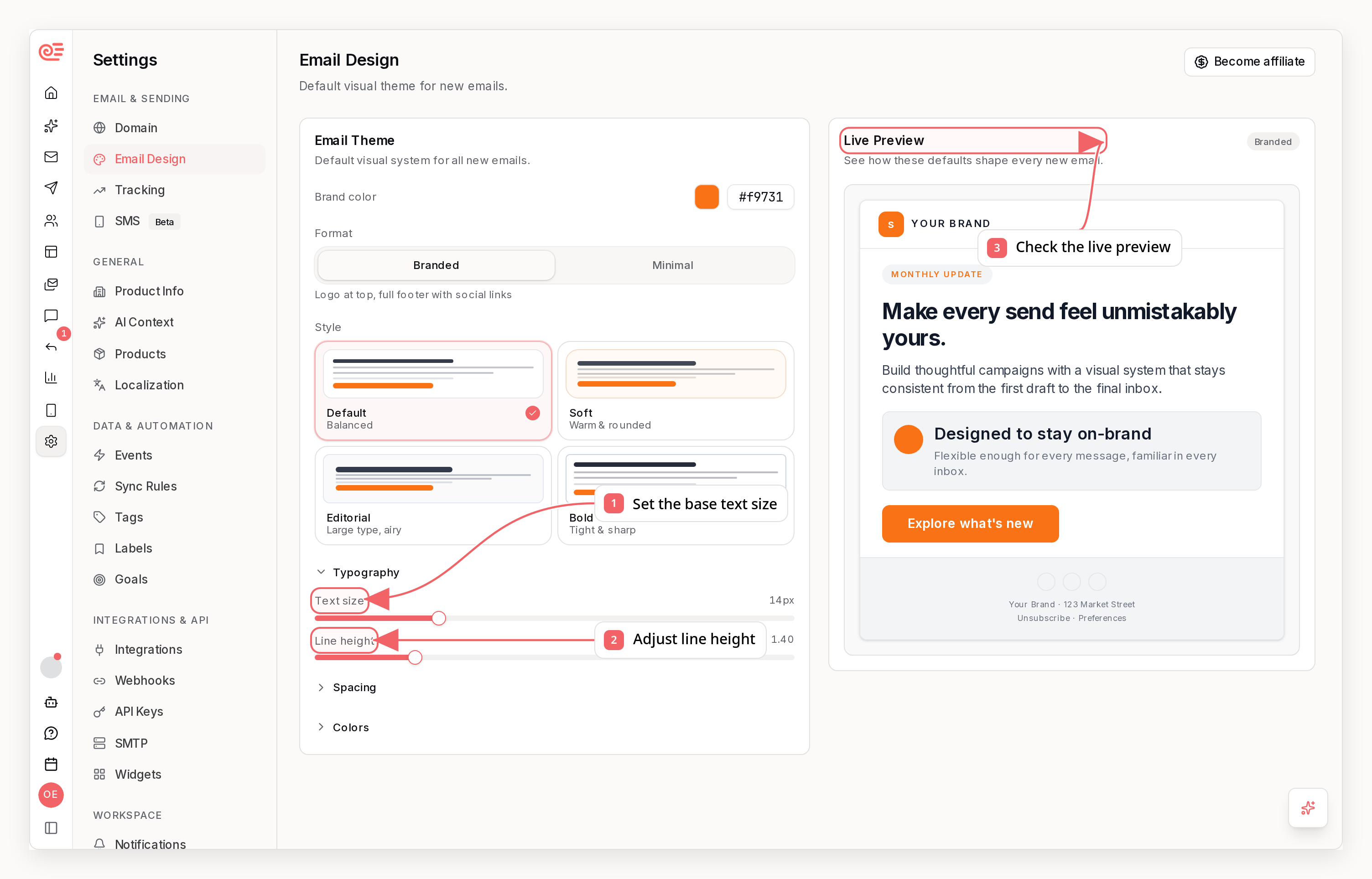 Sequenzy email theme settings with callouts showing type scale and line height