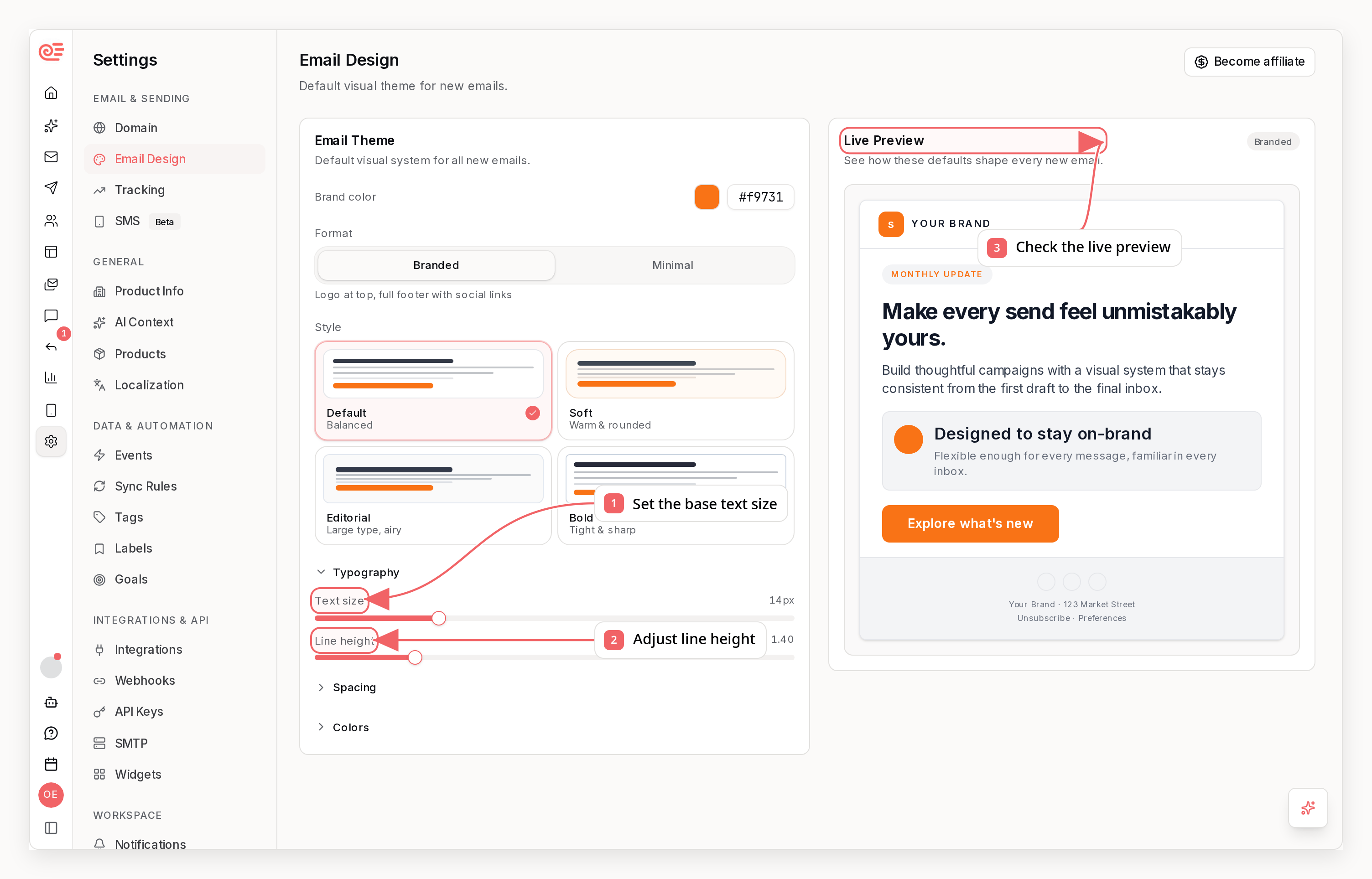 Sequenzy email theme settings with callouts showing type scale and line height