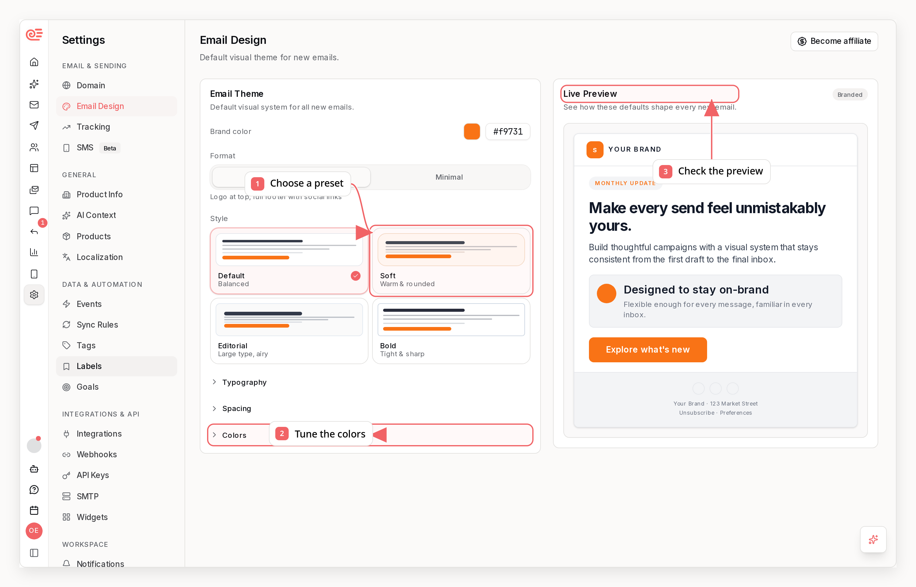 Sequenzy email design settings with callouts showing presets, colors, and the live preview