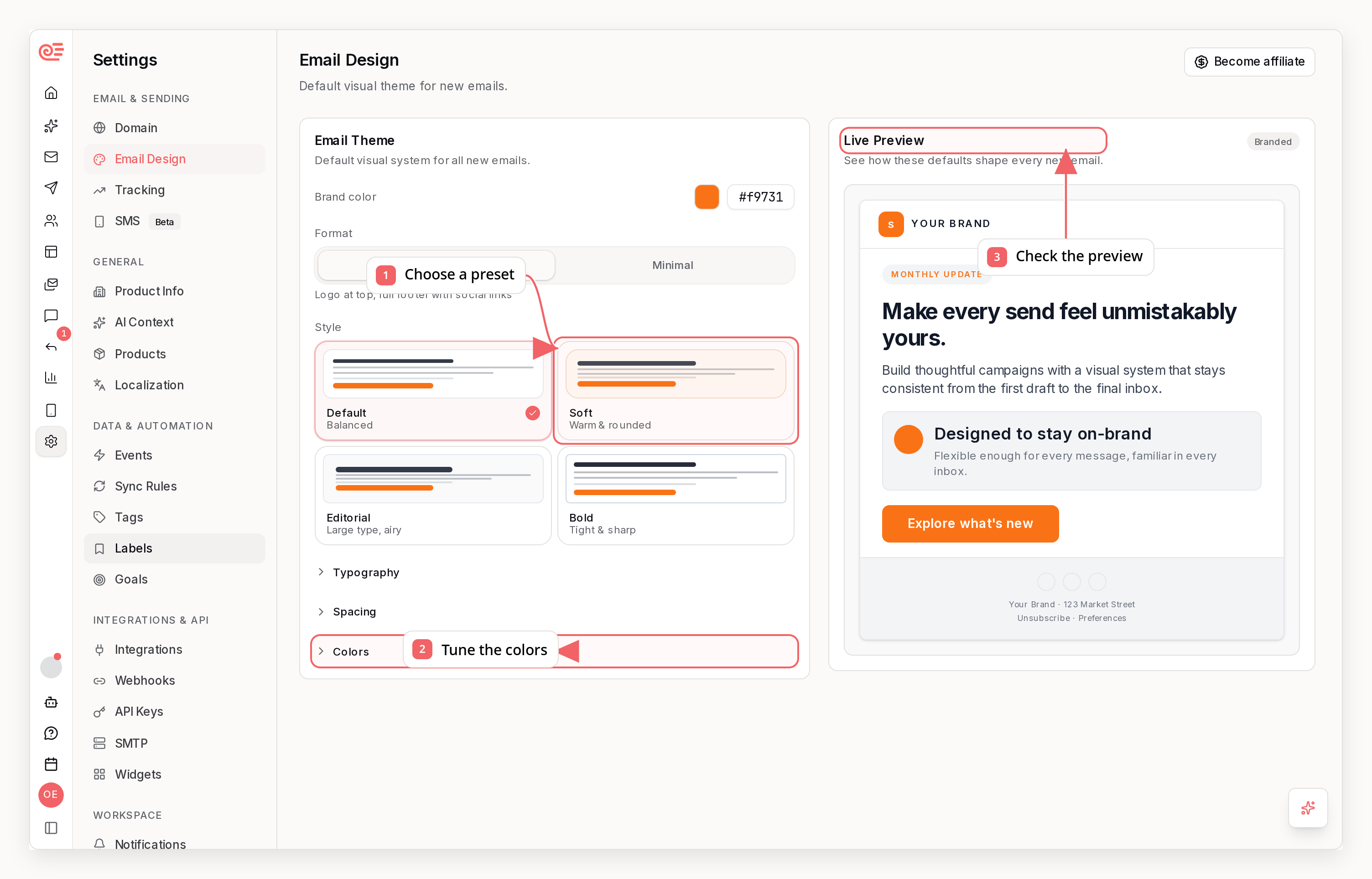 Sequenzy email design settings with callouts showing presets, colors, and the live preview