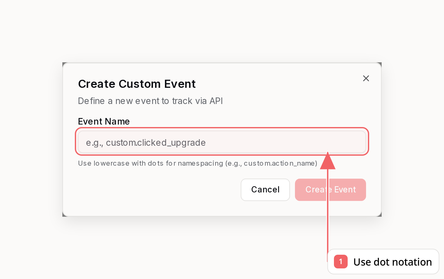 Sequenzy custom event dialog with a callout showing dot-notation naming