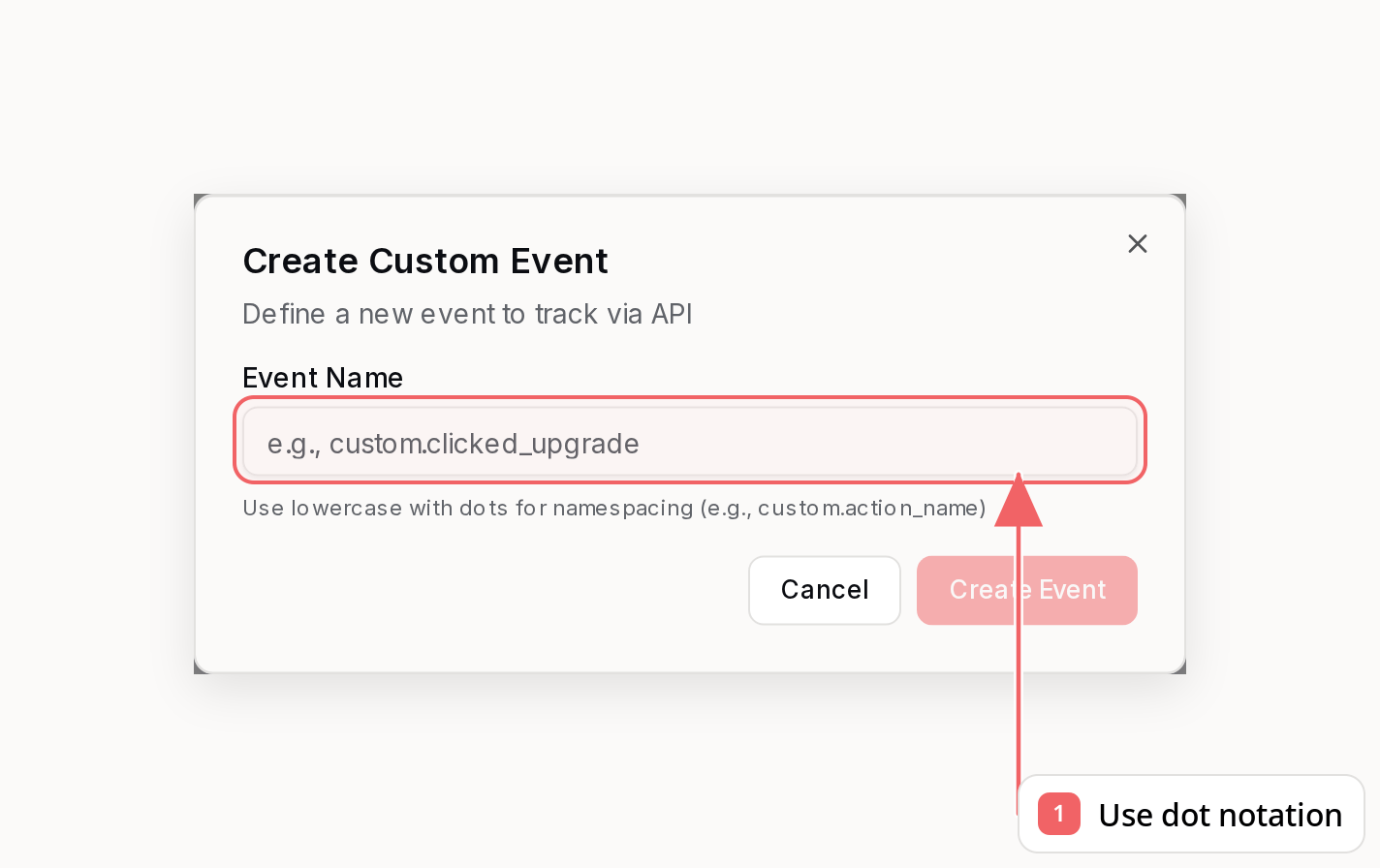 Sequenzy custom event dialog with a callout showing dot-notation naming