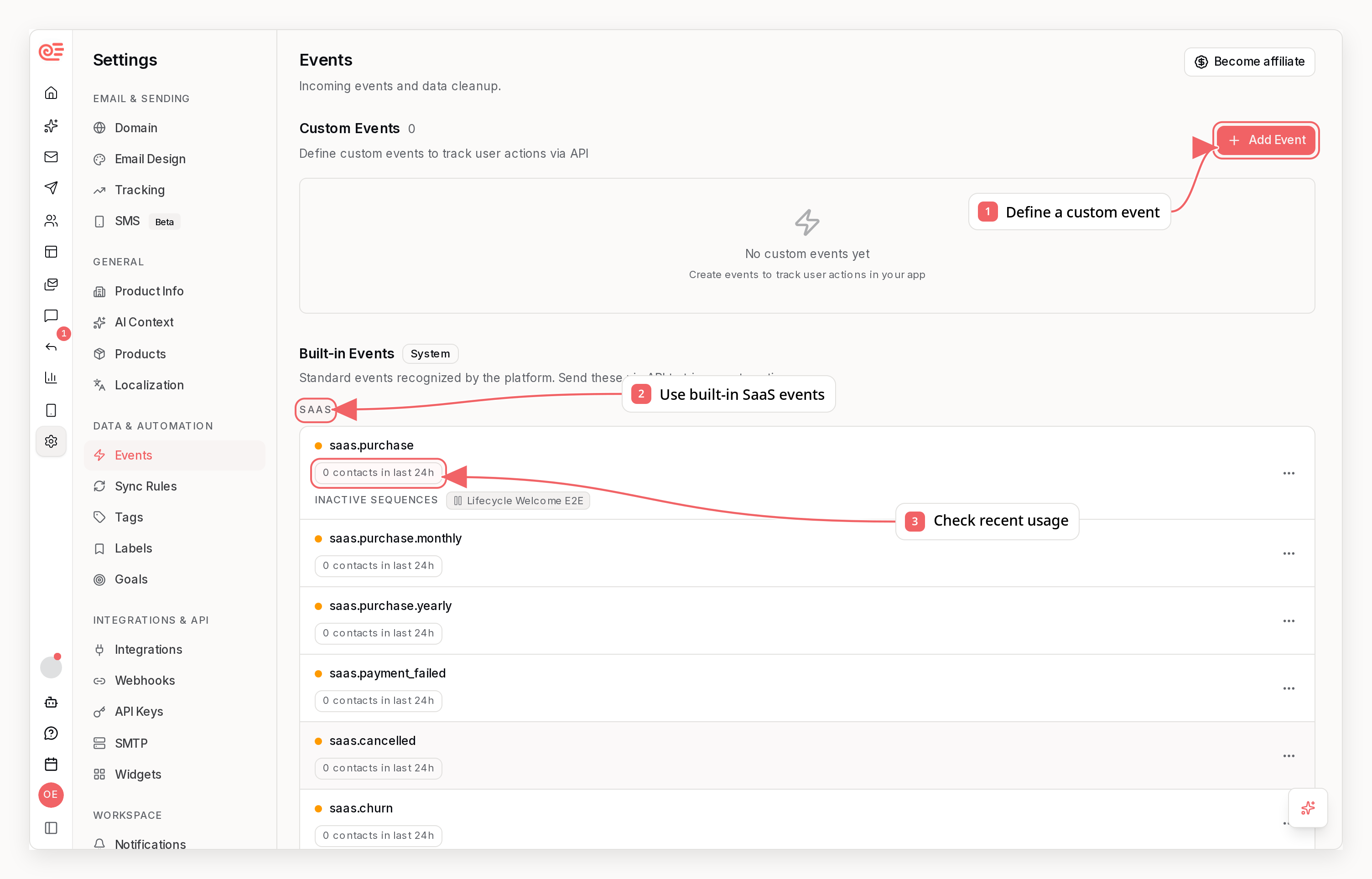 Sequenzy events settings with callouts showing custom and built-in event definitions