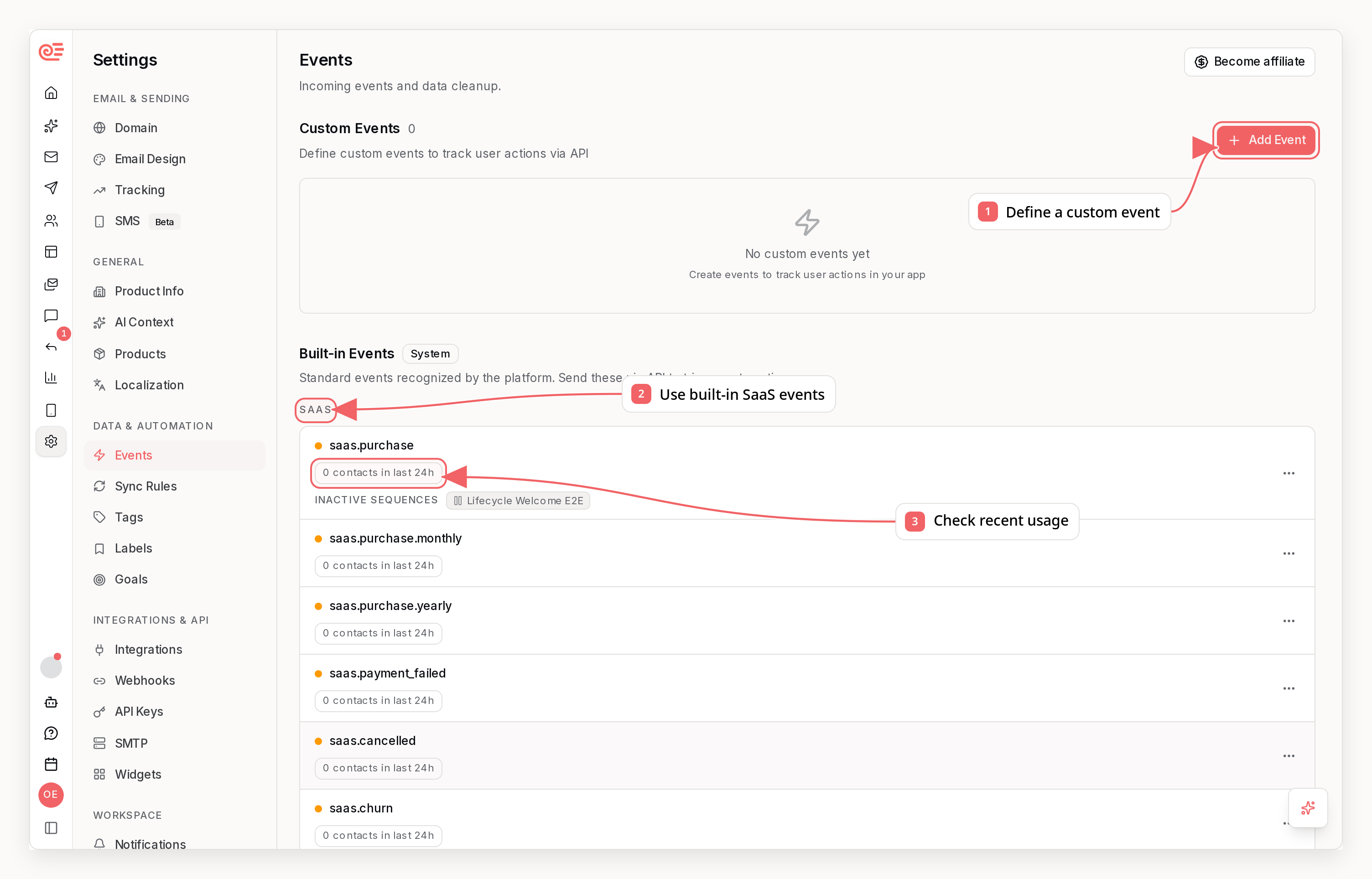 Sequenzy events settings with callouts showing custom and built-in event definitions