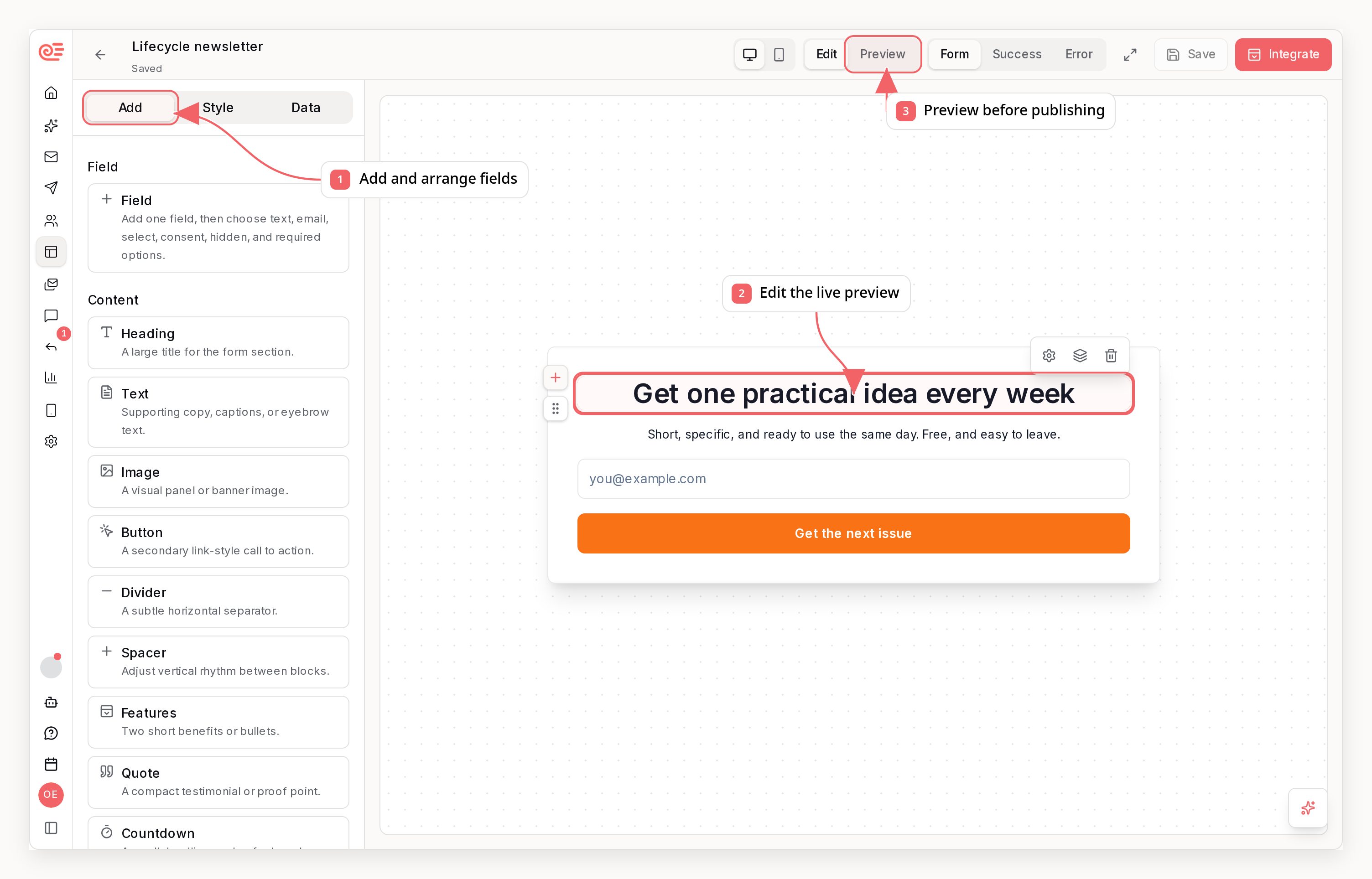 Sequenzy form editor with callouts showing fields, live editing, and preview controls