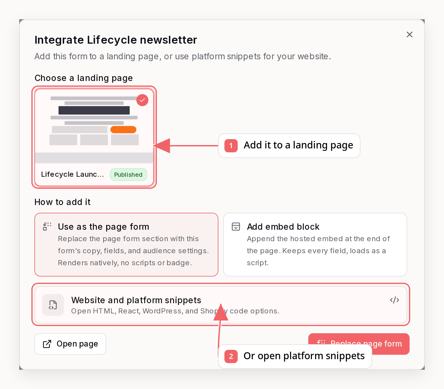 Sequenzy form integration dialog with callouts showing landing page and platform installation options