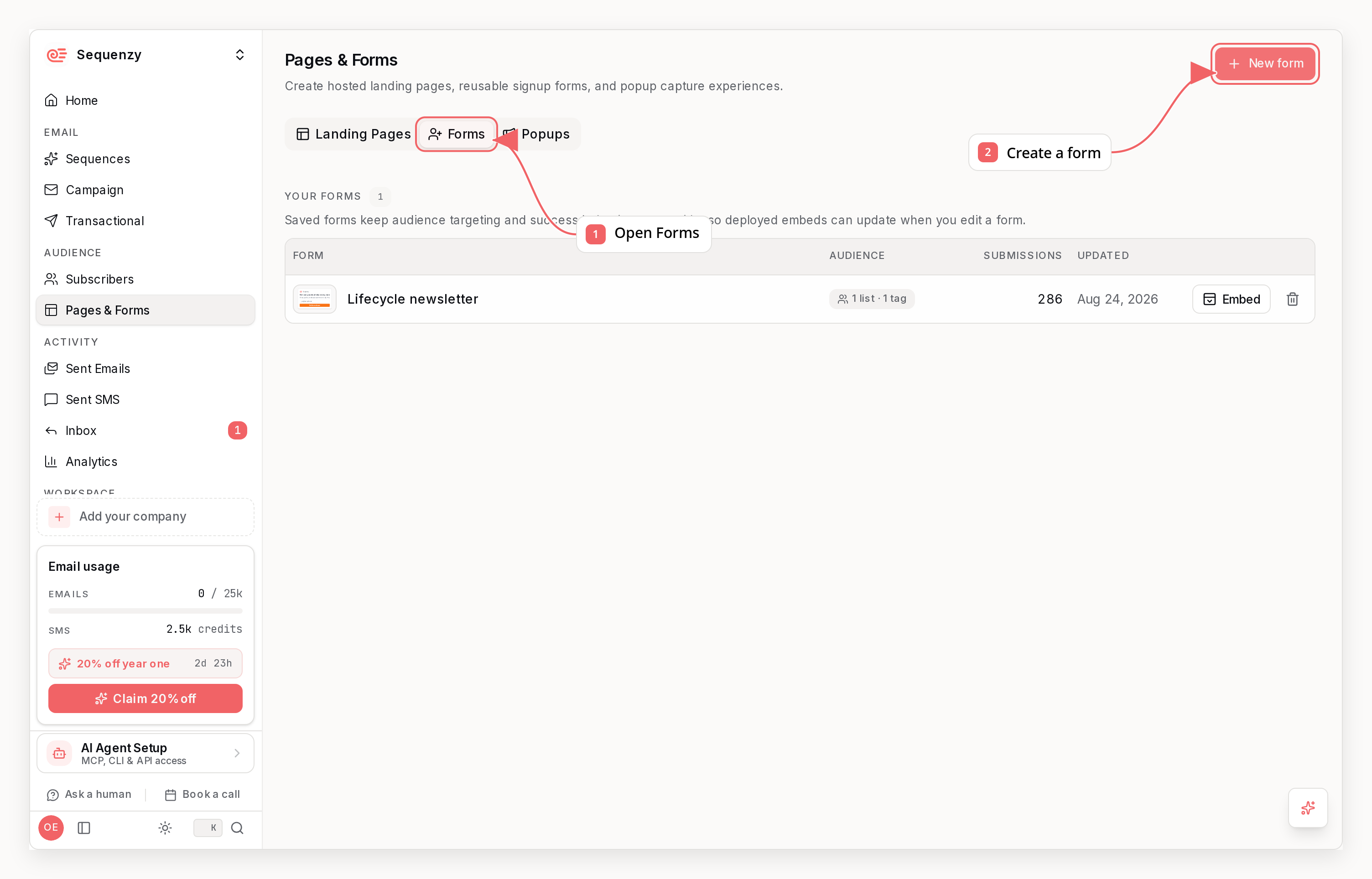 Sequenzy forms list with callouts showing saved forms and form creation