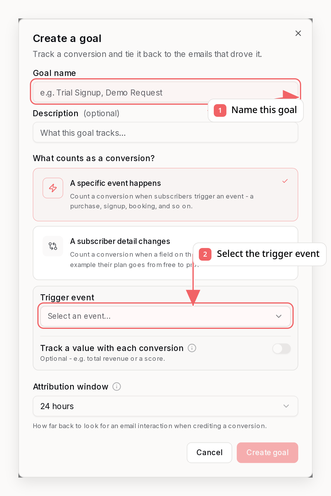Sequenzy goal dialog with callouts showing conversion event and attribution settings