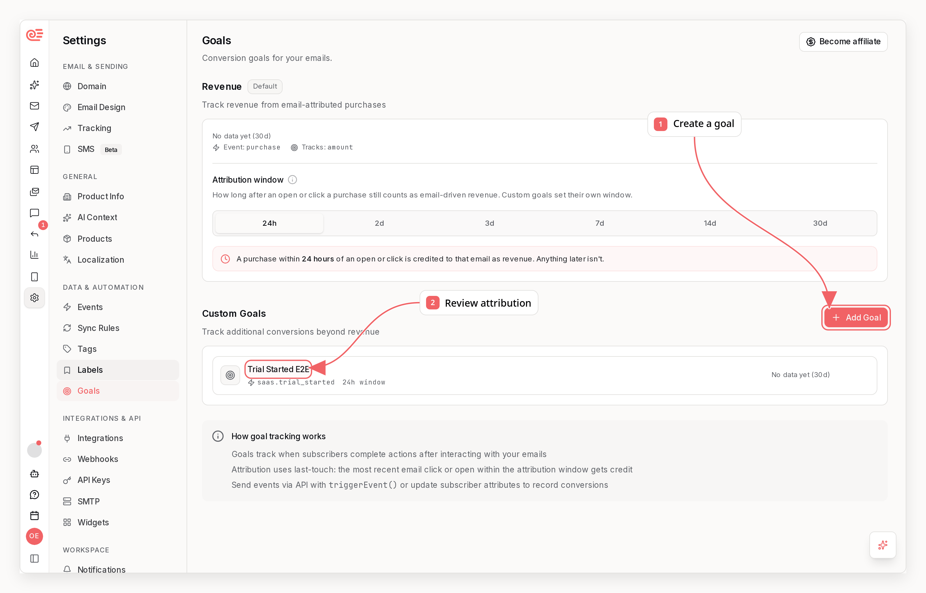 Sequenzy goal settings with callouts showing goal creation and attribution