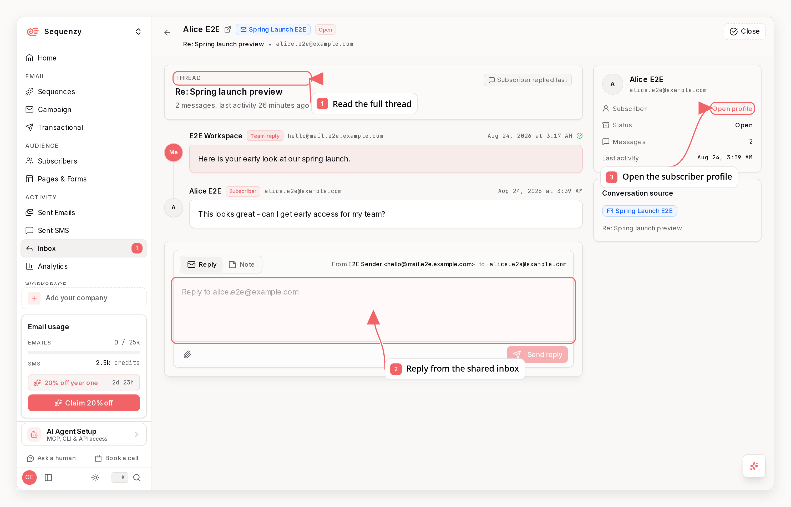 Sequenzy reply conversation with callouts showing the thread, reply composer, and subscriber profile