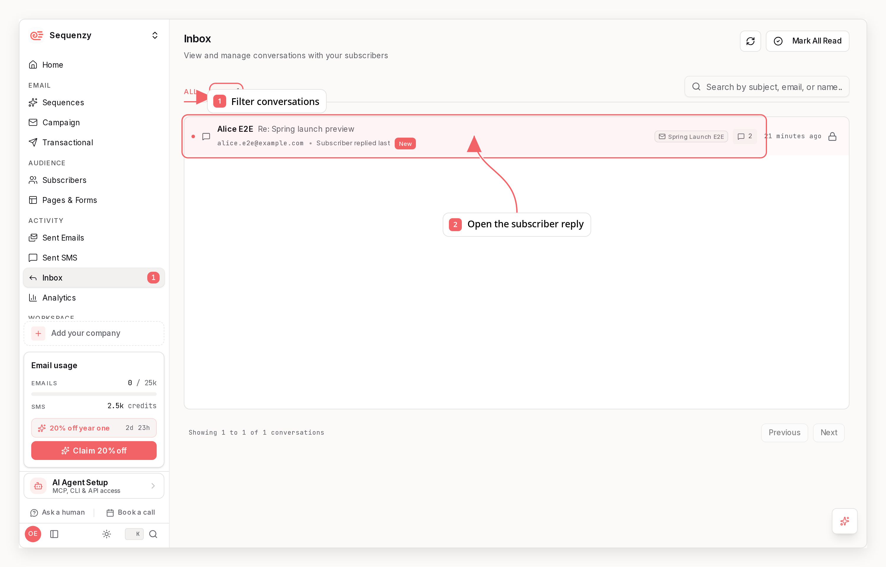 Sequenzy inbox with callouts showing conversation filters and subscriber replies