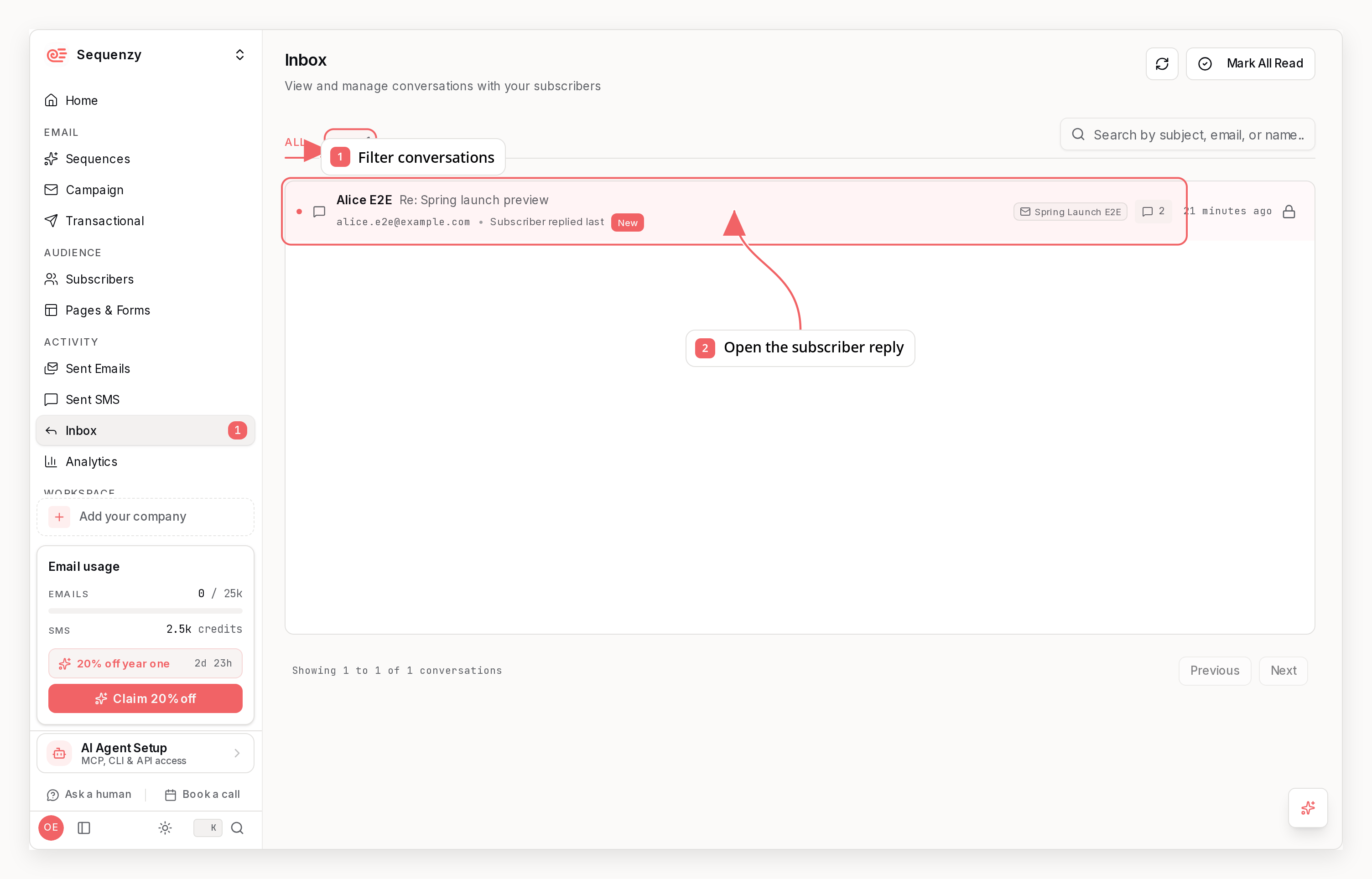 Sequenzy inbox with callouts showing conversation filters and subscriber replies