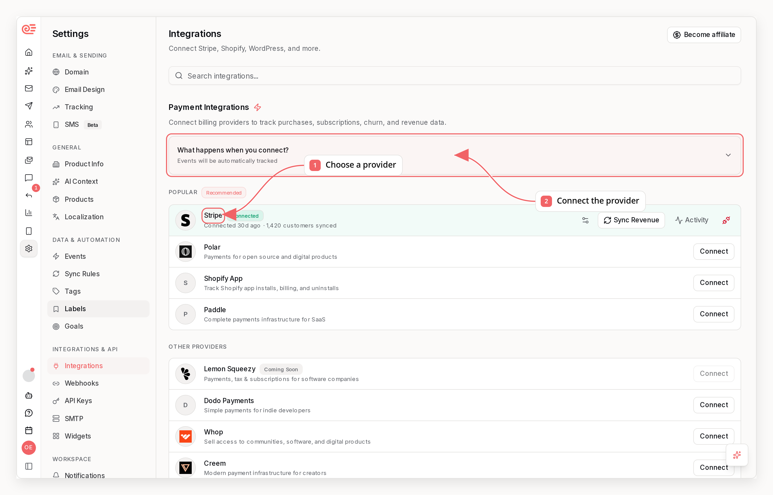 Sequenzy integrations directory with callouts showing how to choose and connect a provider