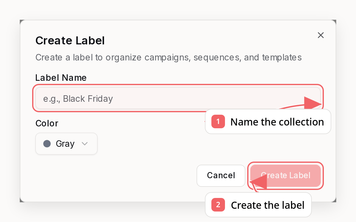 Sequenzy label dialog with callouts showing label name and creation
